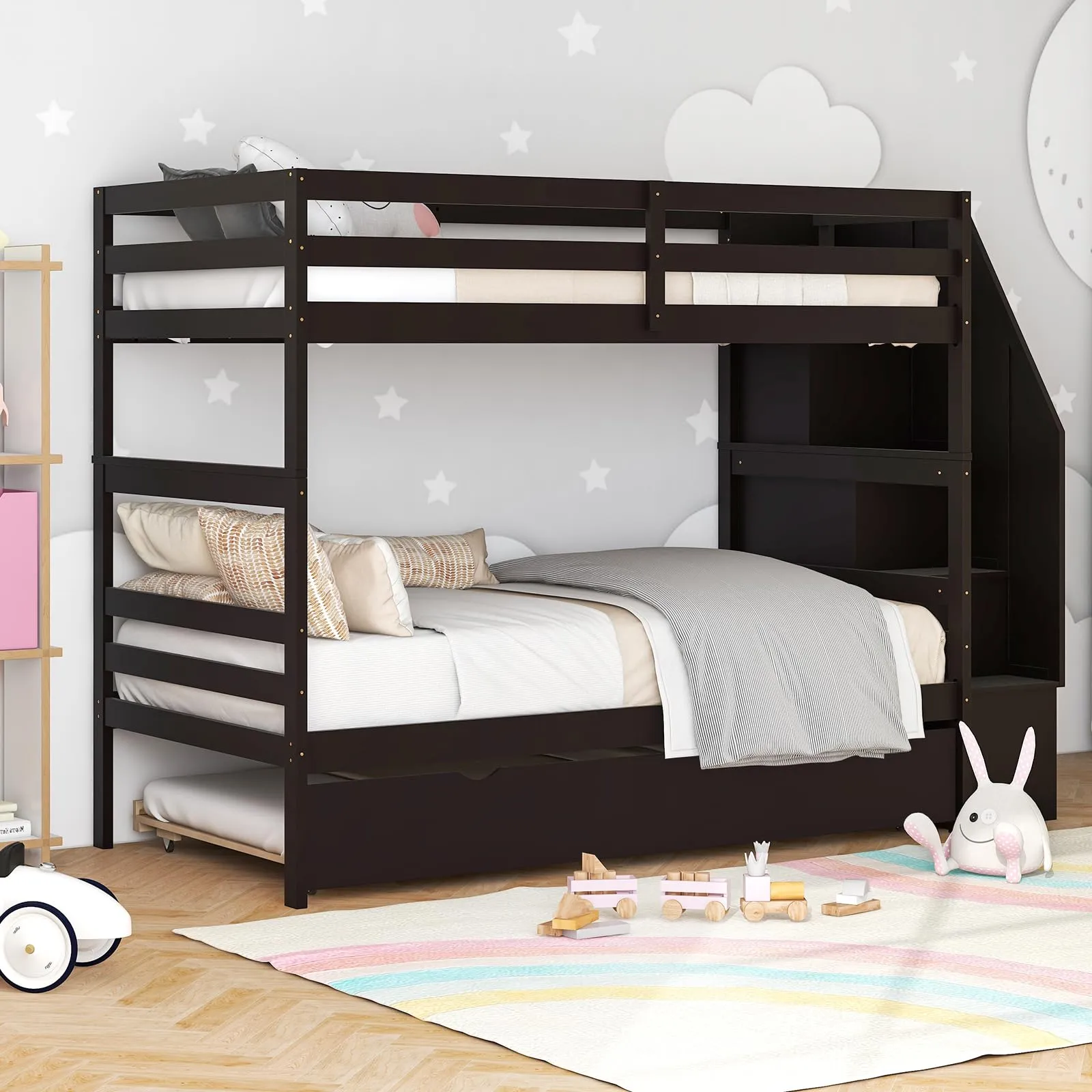 Giantex Twin Over Twin Bunk Bed with Trundle and Storage Stairs, Solid Wood Bunk Bed Convertible 3 Bed Frames for Bedroom