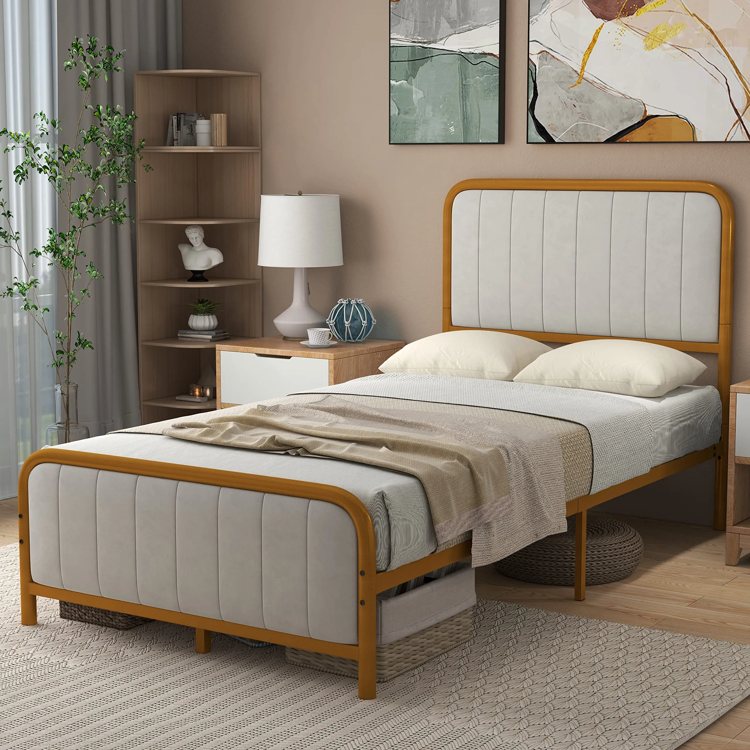 Giantex Twin Size Gold Bed Frame with Velvet Headboard and Footboard, Heavy-duty Metal Slats Support Mattress Foundation
