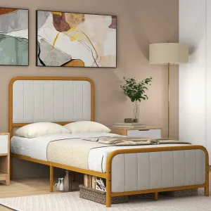 Giantex Twin Size Gold Bed Frame with Velvet Headboard and Footboard, Heavy-duty Metal Slats Support Mattress Foundation bed frame, queen bed
