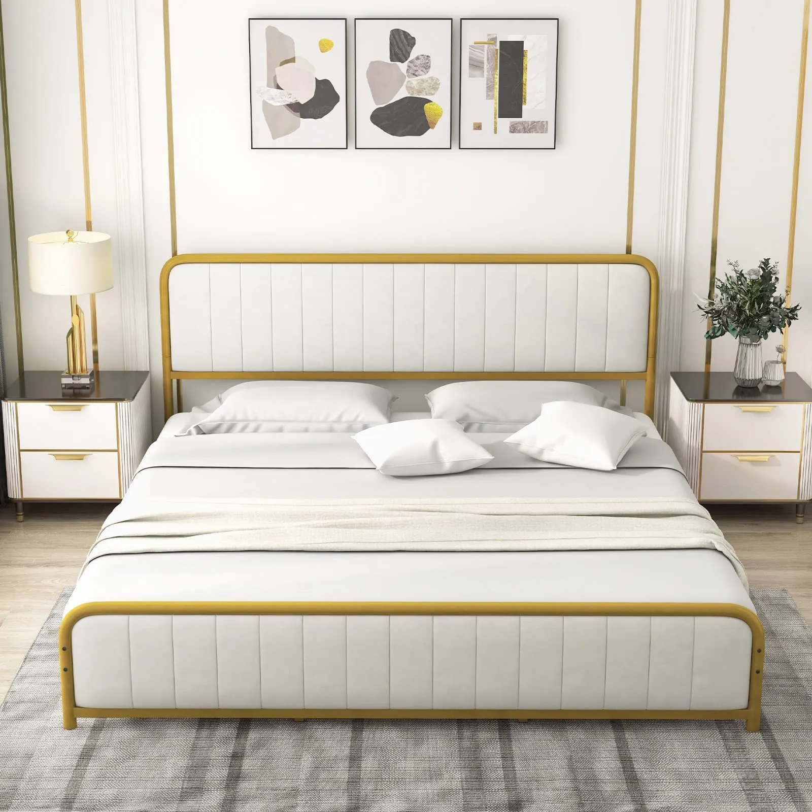 Giantex Twin Size Gold Bed Frame with Velvet Headboard and Footboard, Heavy-duty Metal Slats Support Mattress Foundation