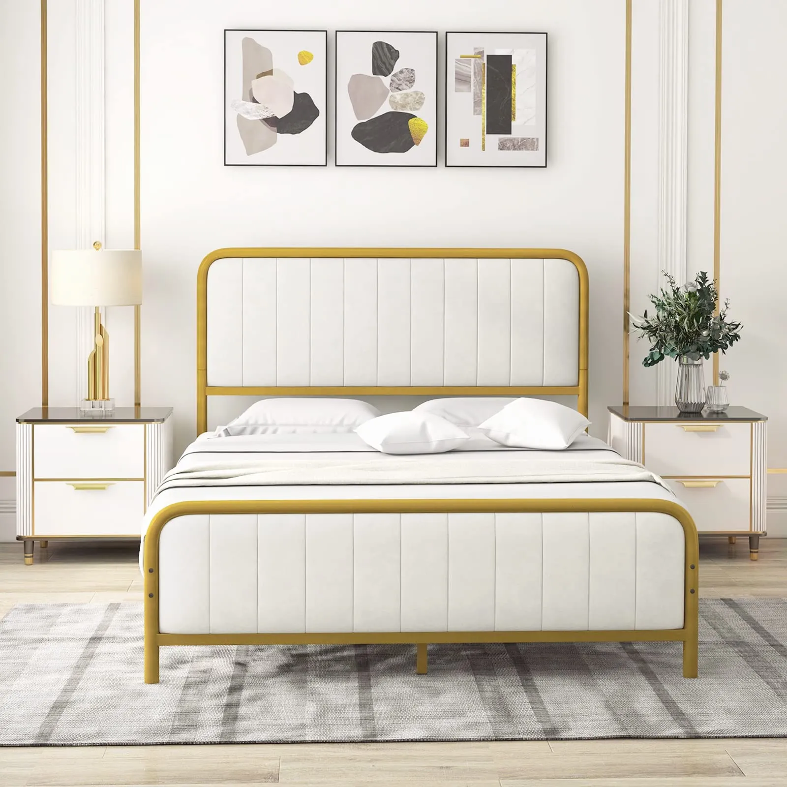 Giantex Twin Size Gold Bed Frame with Velvet Headboard and Footboard, Heavy-duty Metal Slats Support Mattress Foundation