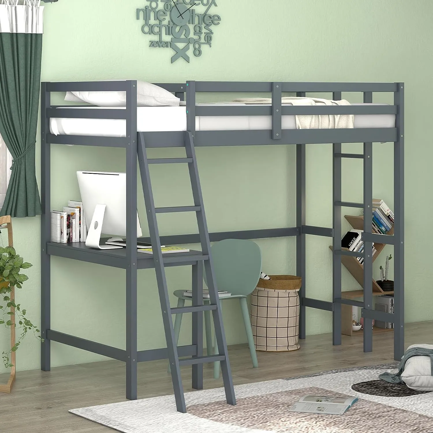 Giantex Twin Size Loft Bed with Desk, Solid Wood Loft Bed with 2 Ladders & Full Length Guardrail