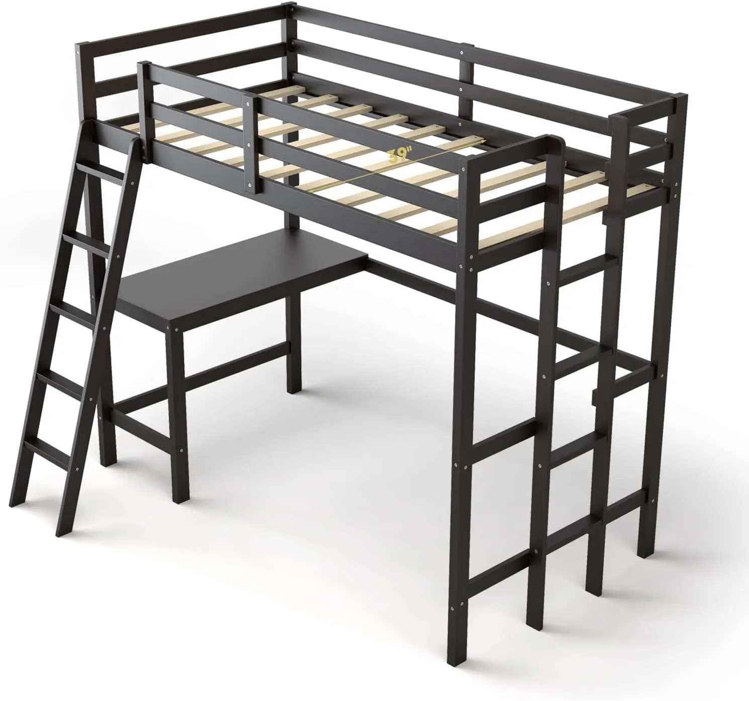 Giantex Twin Size Loft Bed with Desk, Solid Wood Loft Bed with 2 Ladders & Full Length Guardrail