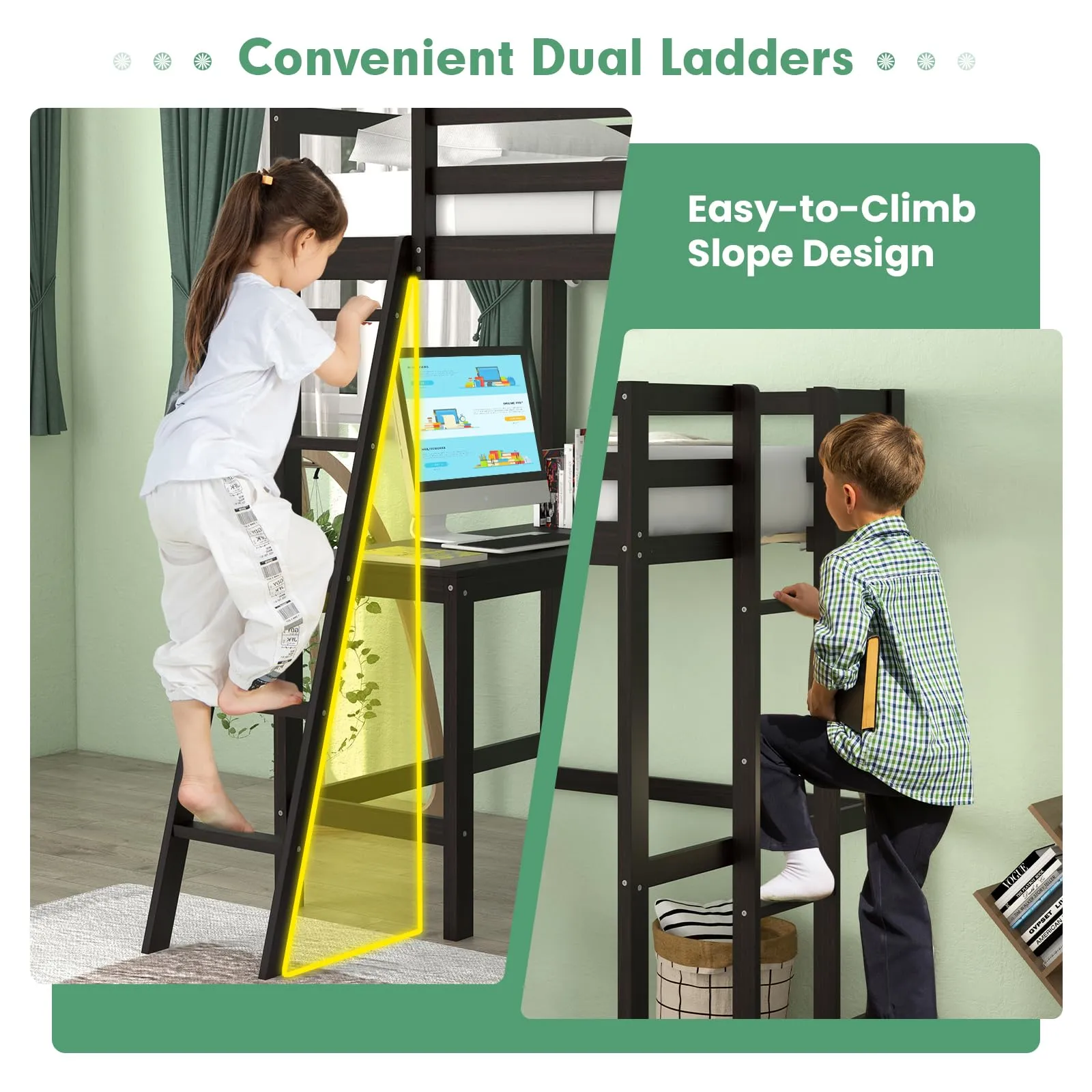 Giantex Twin Size Loft Bed with Desk, Solid Wood Loft Bed with 2 Ladders & Full Length Guardrail