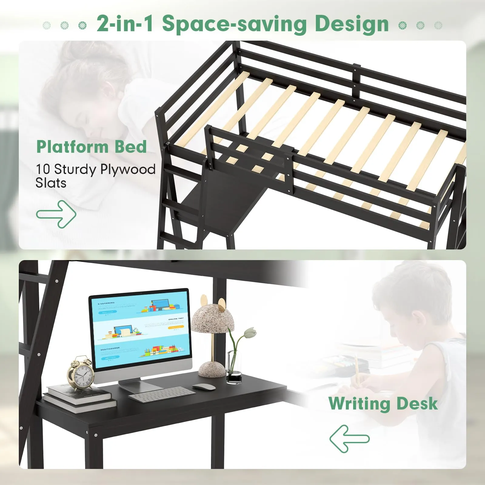 Giantex Twin Size Loft Bed with Desk, Solid Wood Loft Bed with 2 Ladders & Full Length Guardrail