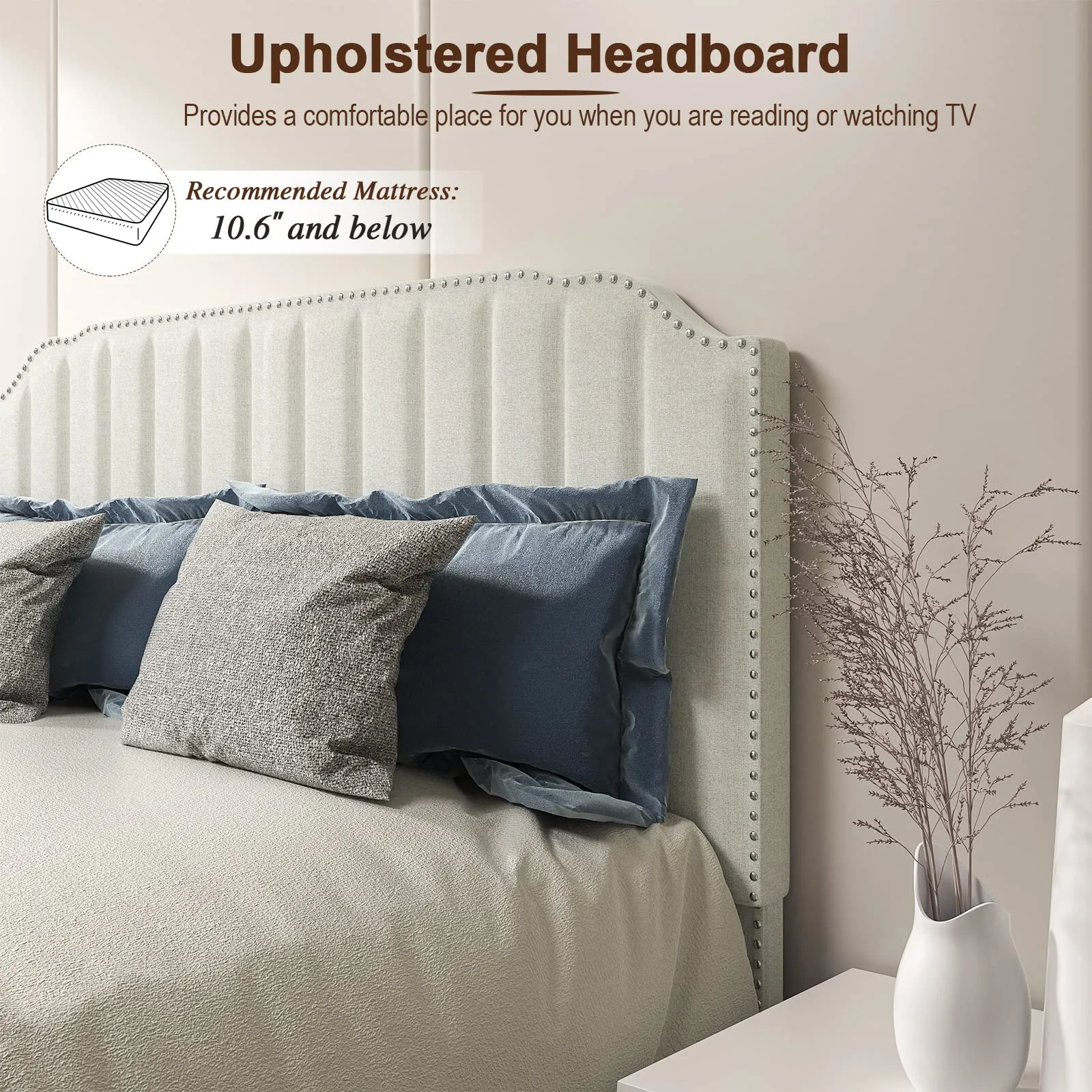 Giantex Upholstered Bed Frame, Linen Platform Bed w/Rivet Headboard, Heavy Duty Mattress Foundation