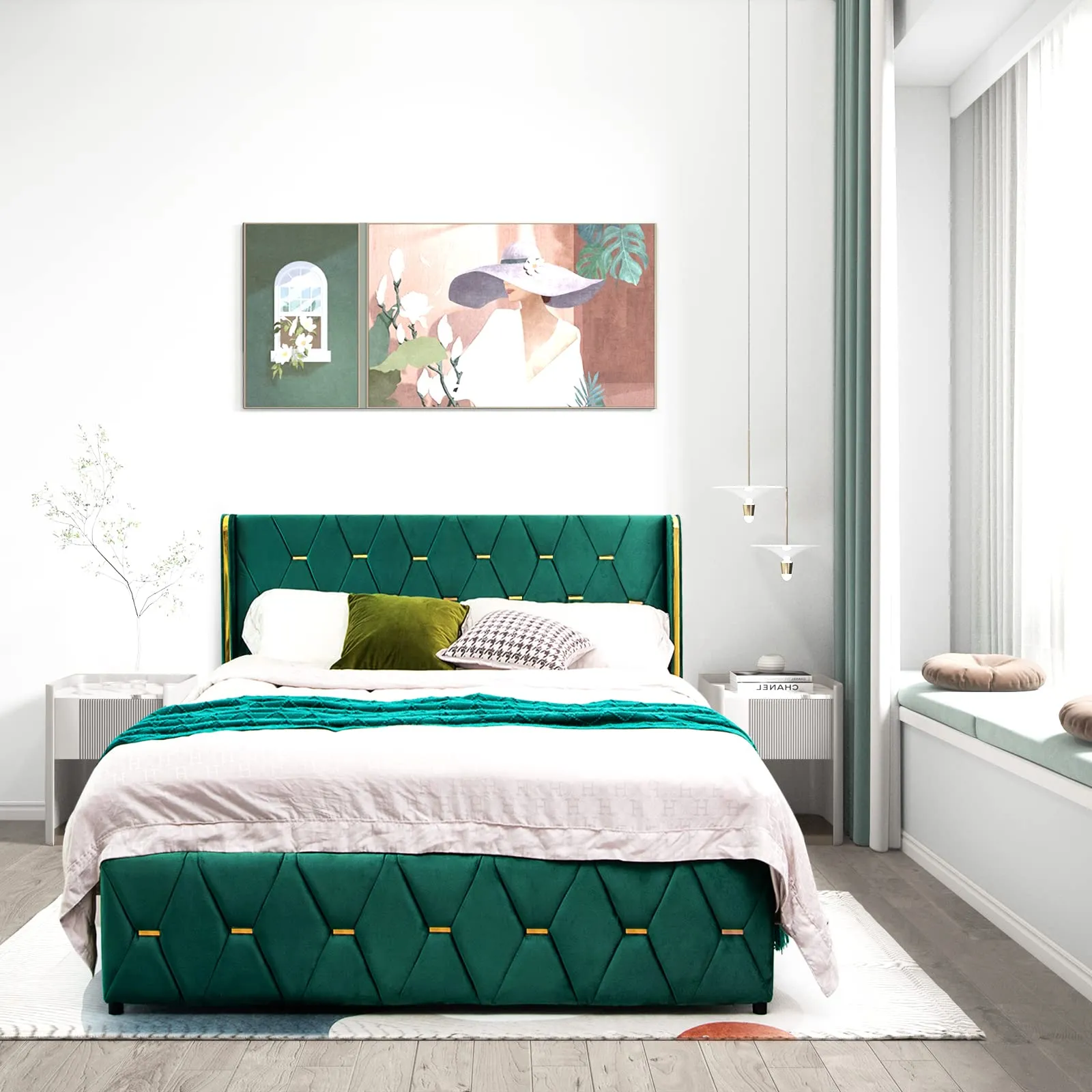 Giantex Upholstered Platform Bed Frame, Full Size Bed with Adjustable Headboard & Wooden Slat Support