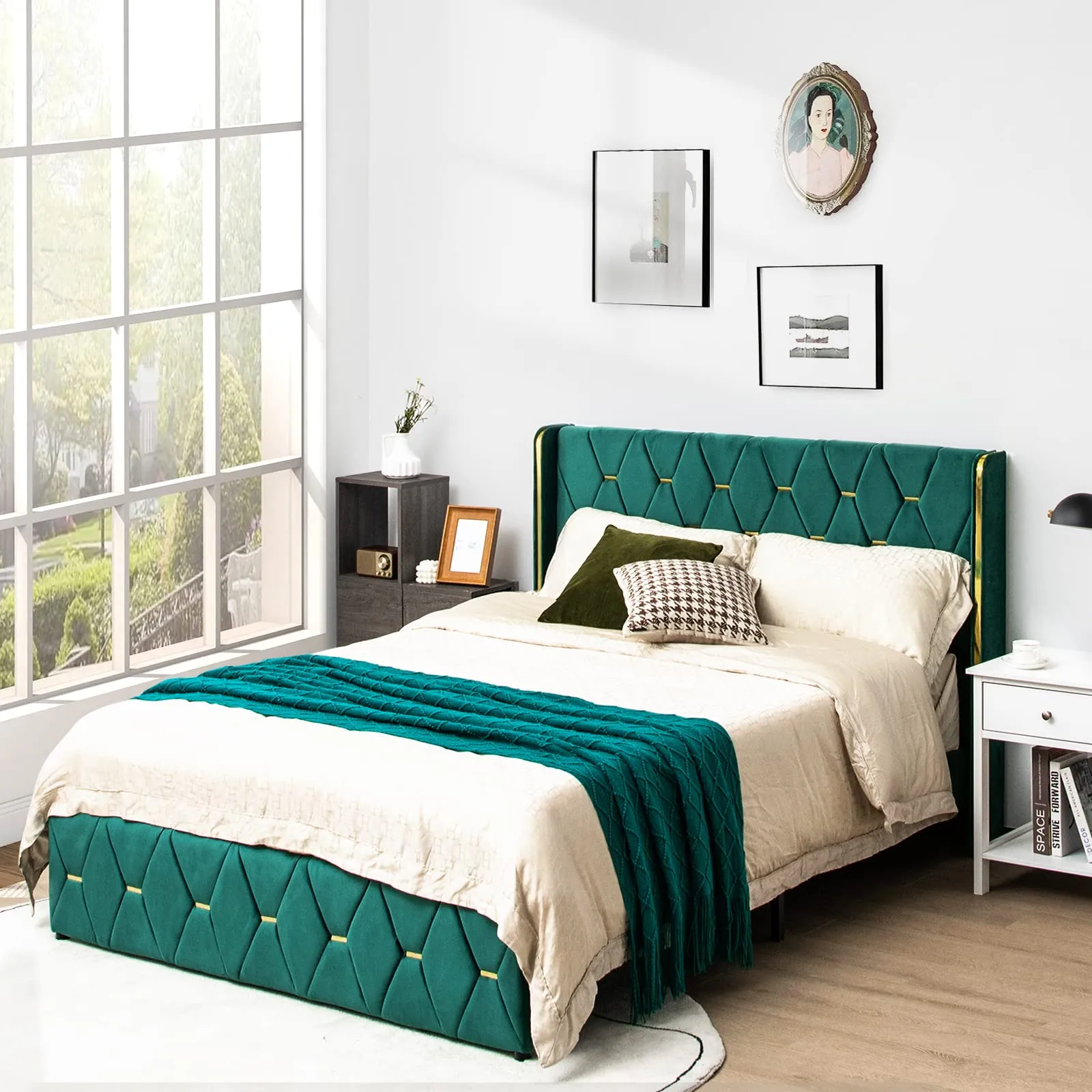 Giantex Upholstered Platform Bed Frame, Full Size Bed with Adjustable Headboard & Wooden Slat Support