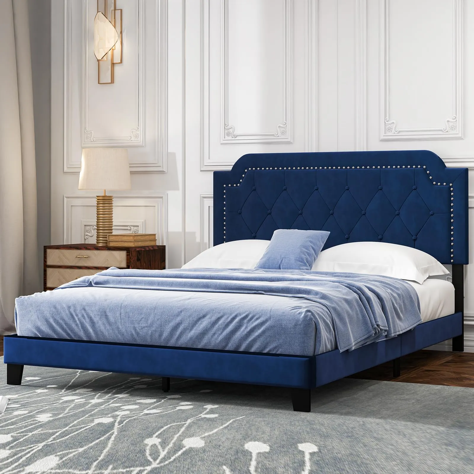 Giantex Velvet Queen Size Bed Frame, Upholstered Platform Bed with Button Tufted & Nailhead Trim Headboard bed frame, queen bed