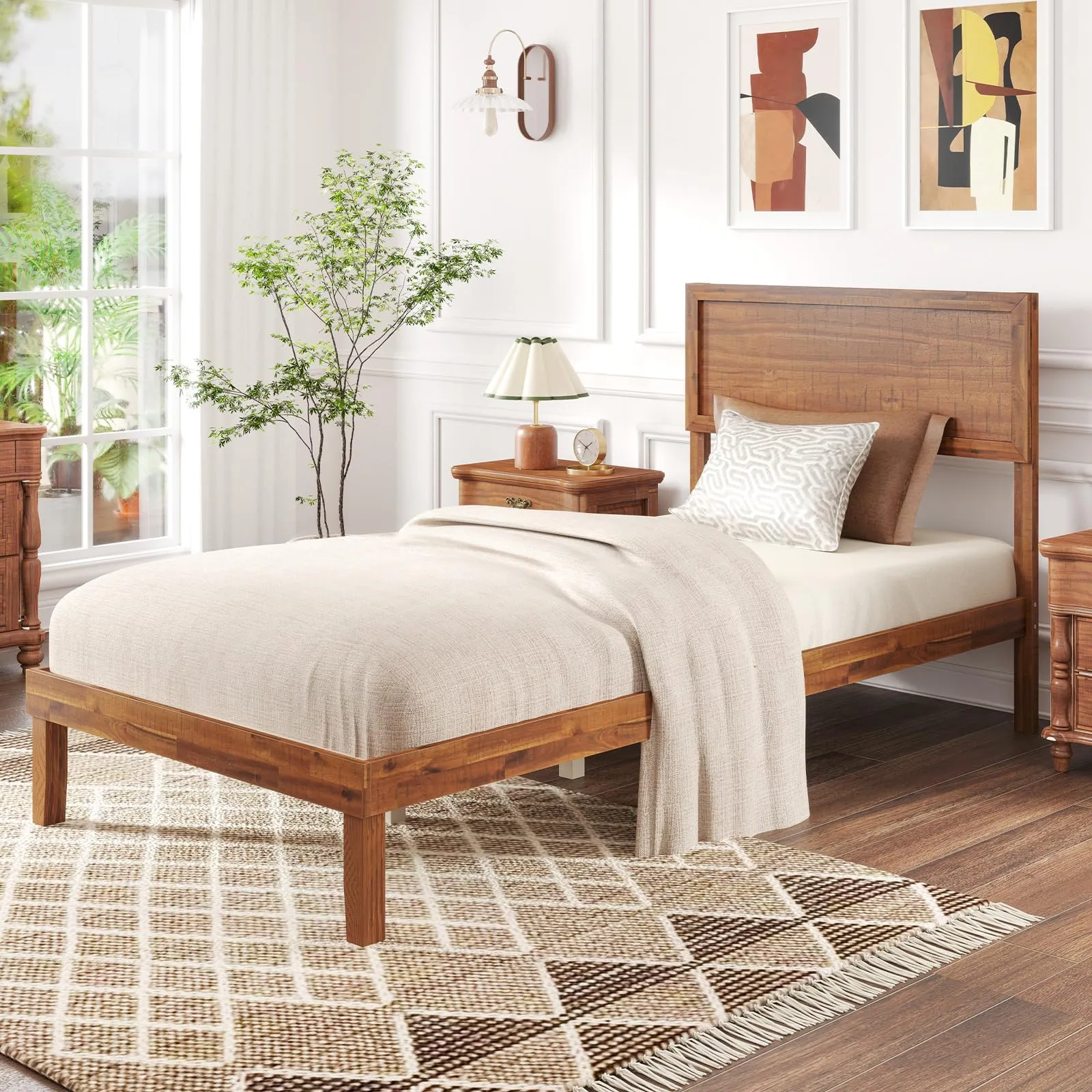 Giantex Wood Bed Frames with Headboard, Mid Century Modern Platform Bed