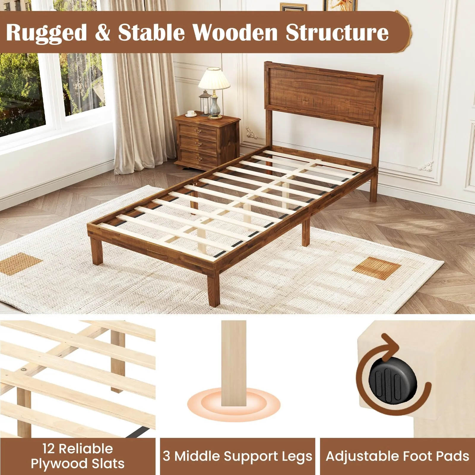 Giantex Wood Bed Frames with Headboard, Mid Century Modern Platform Bed