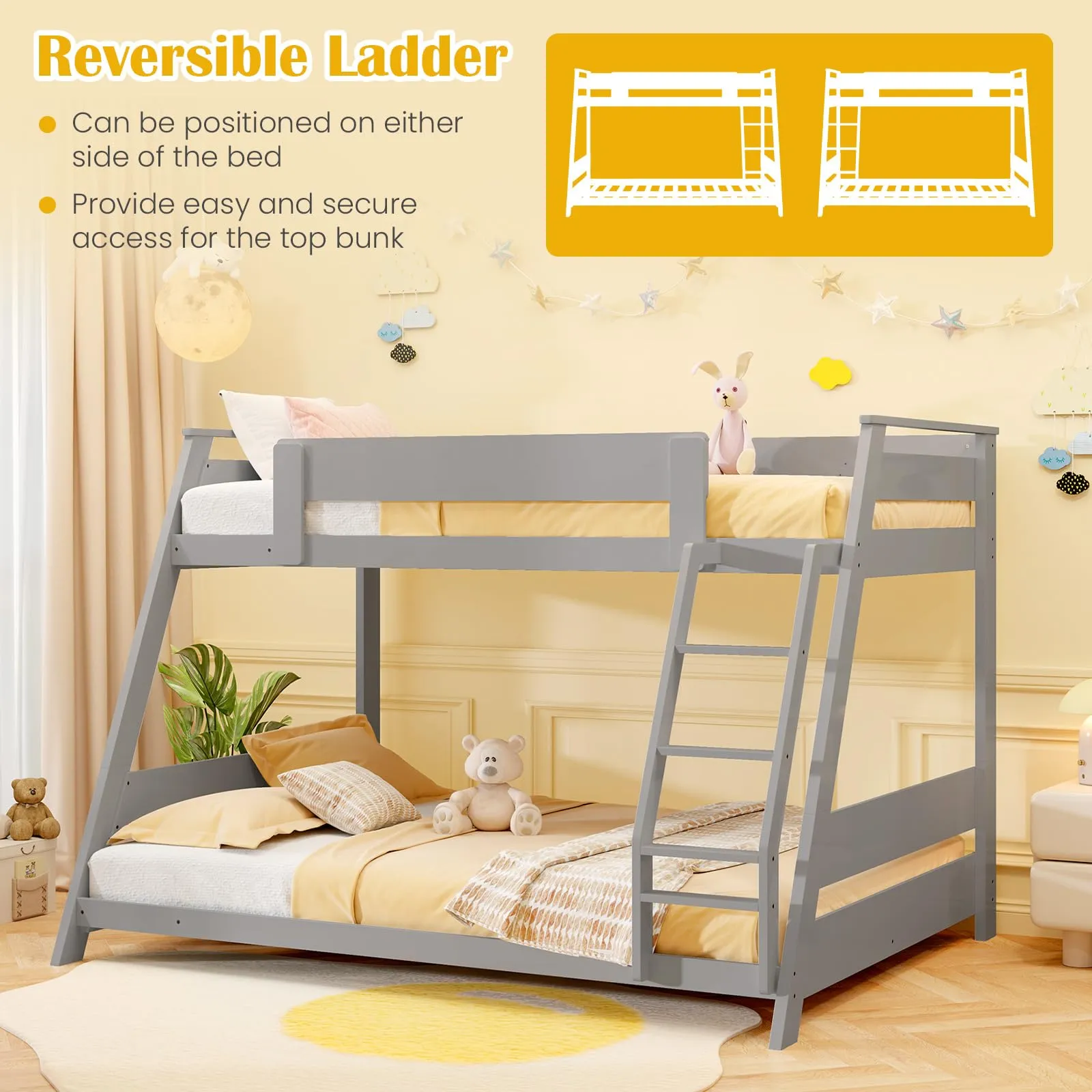 Giantex Wood Bunk Beds Twin Over Full Size, Solid Wood Floor Low Bunk Bed w/Removable Ladder
