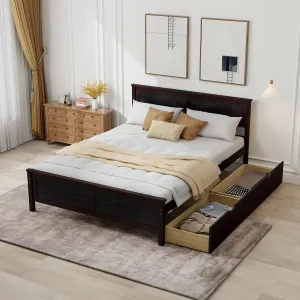 Giantex Wood Full Size Bed Frame with 2 Storage Drawers, Solid Wood Platform Bed with Headboard bed frame, queen bed
