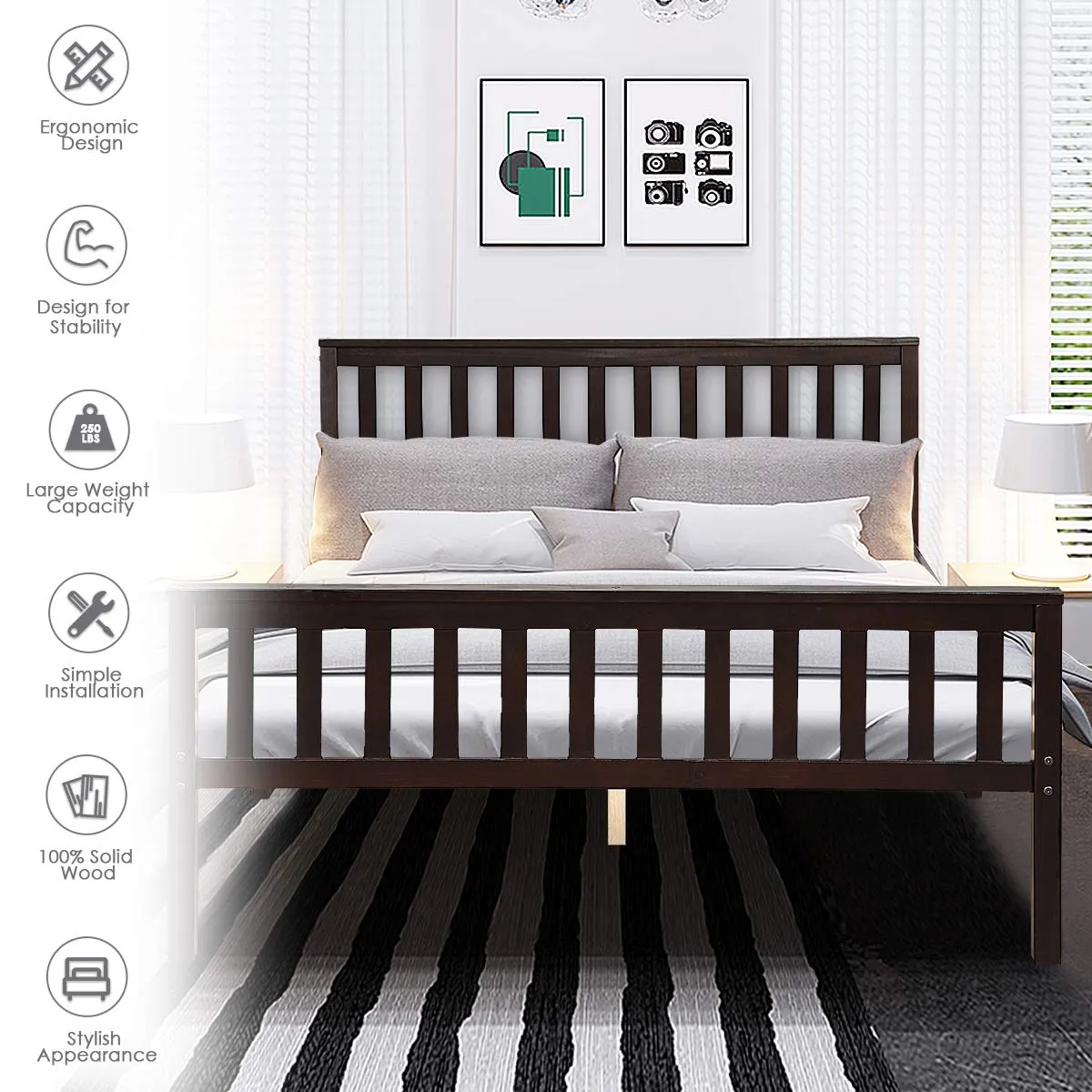 Giantex Wood Slats Great Support with Six Legs, No Box Spring Needed, Antique Espresso (Queen)