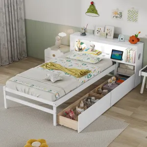 Giantex Wood Twin Bed Frame with Storage Drawer & Headboard, Modern Platform Bed with Charging Station & LED Light bed frame, queen bed