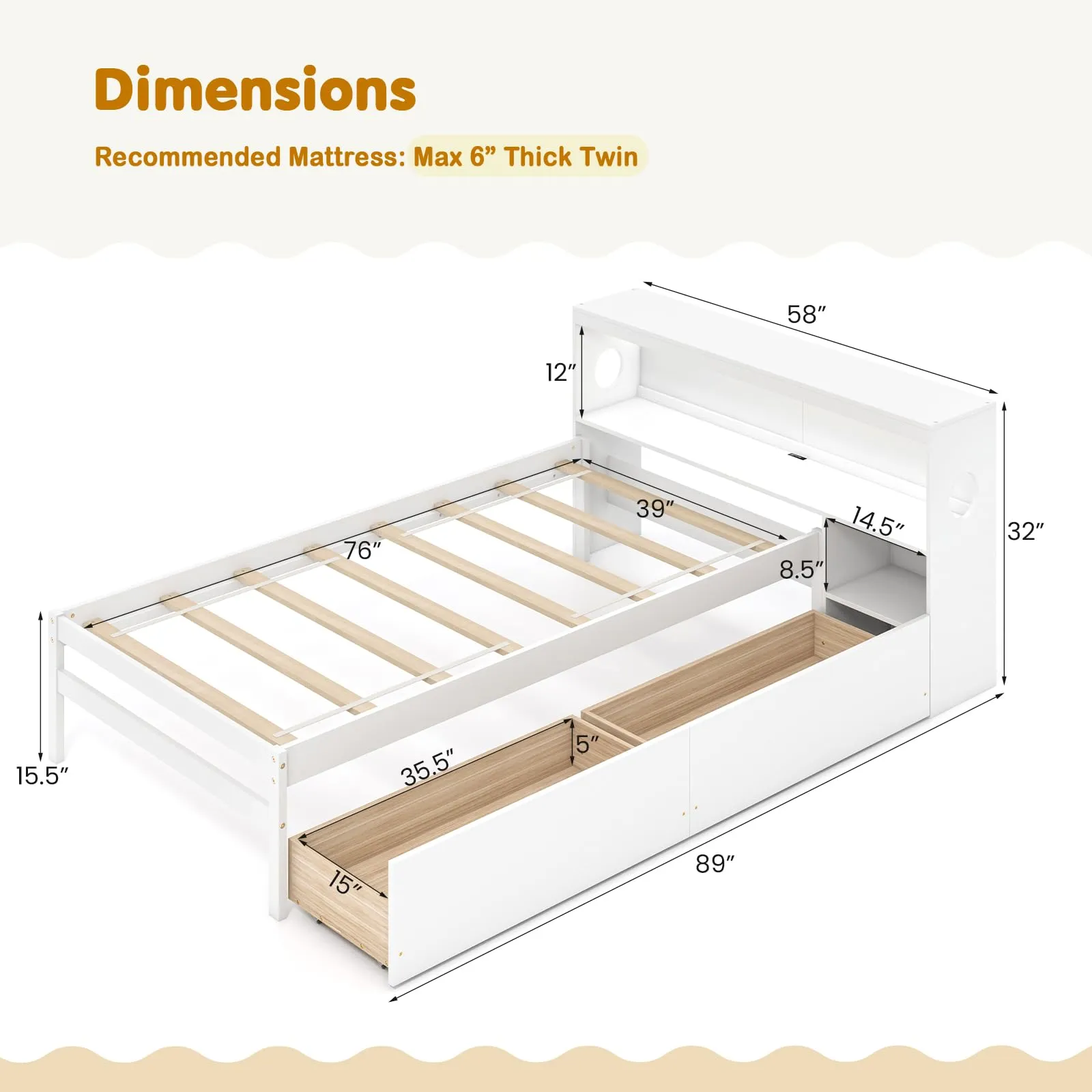 Giantex Wood Twin Bed Frame with Storage Drawer & Headboard, Modern Platform Bed with Charging Station & LED Light