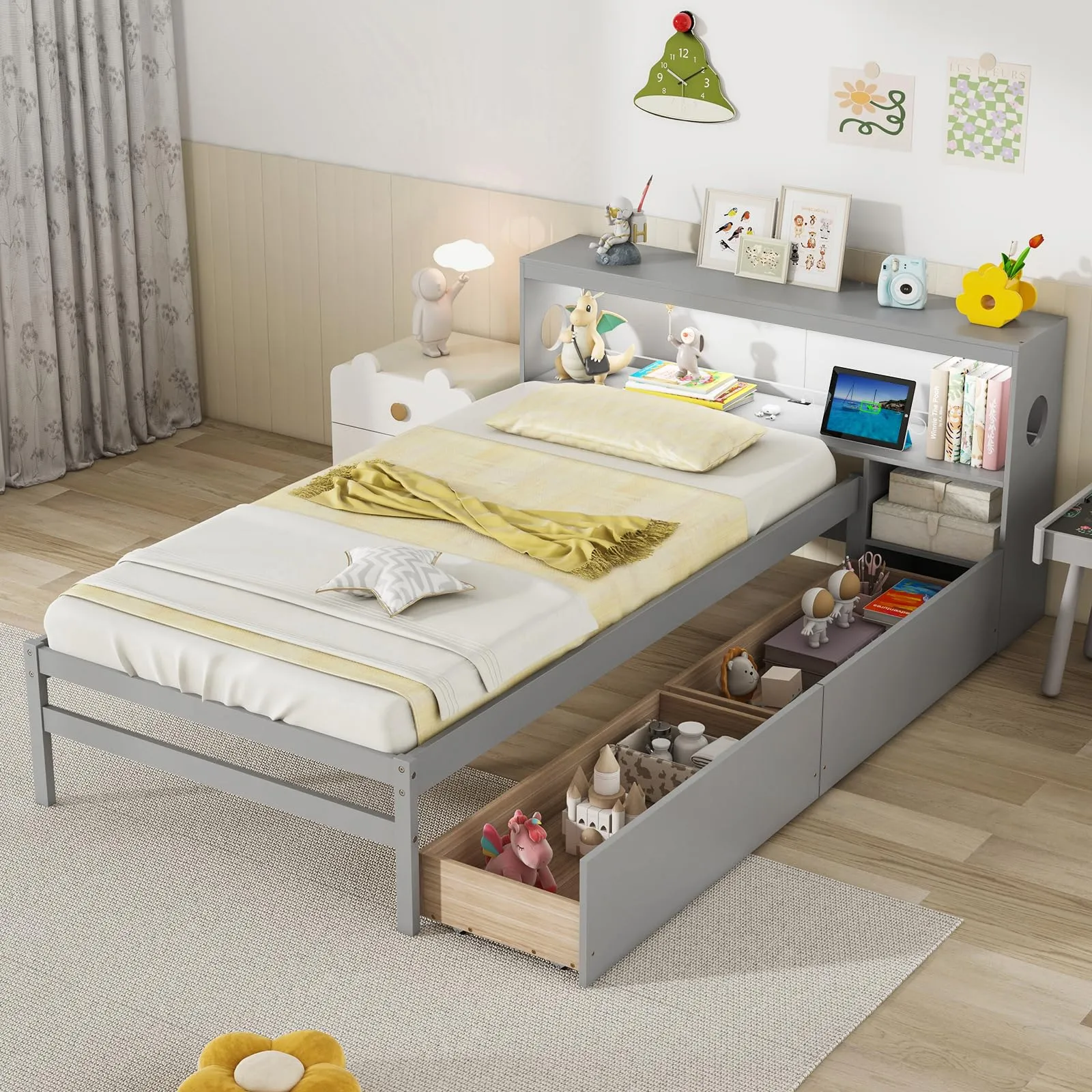 Giantex Wood Twin Bed Frame with Storage Drawer & Headboard, Modern Platform Bed with Charging Station & LED Light