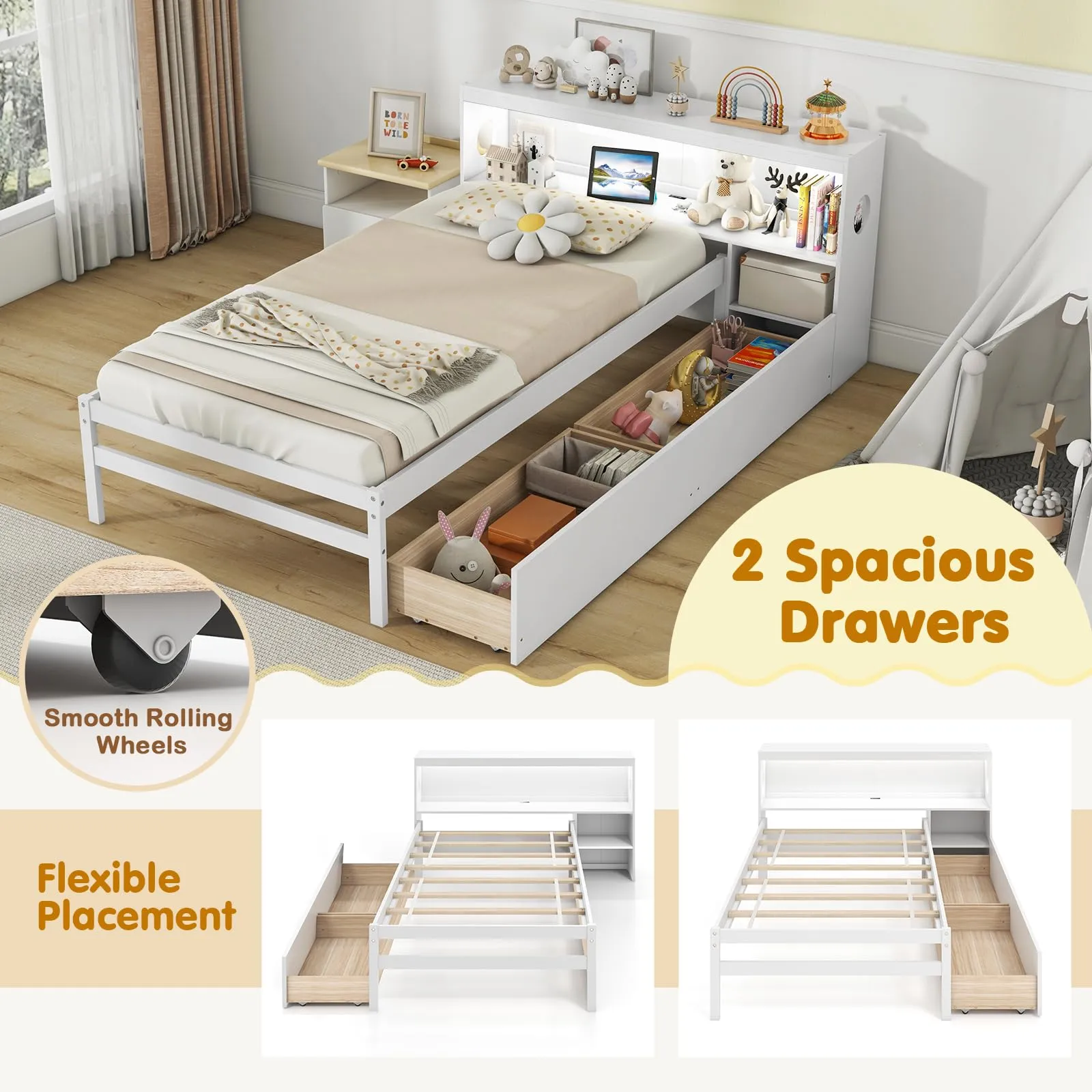 Giantex Wood Twin Bed Frame with Storage Drawer & Headboard, Modern Platform Bed with Charging Station & LED Light