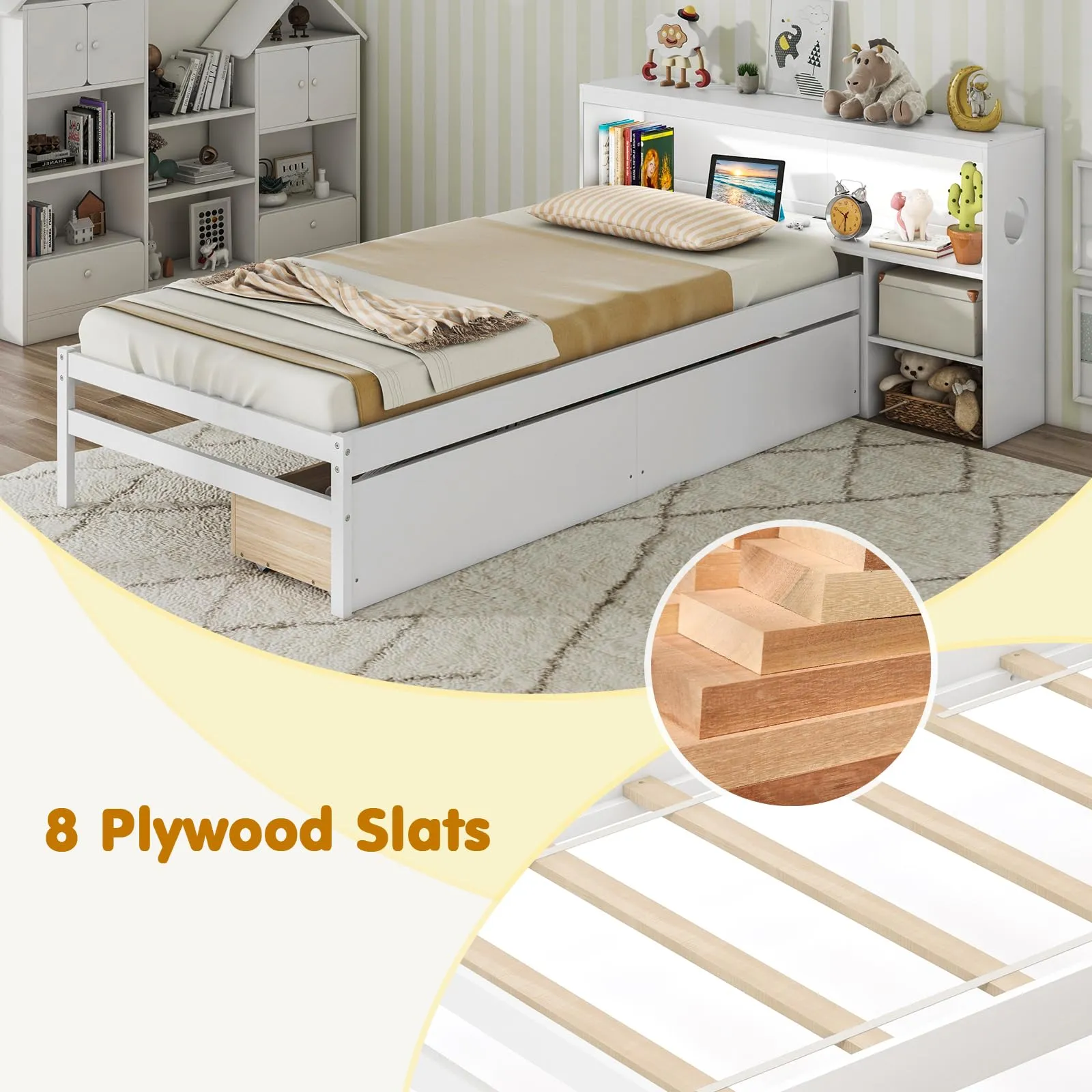 Giantex Wood Twin Bed Frame with Storage Drawer & Headboard, Modern Platform Bed with Charging Station & LED Light