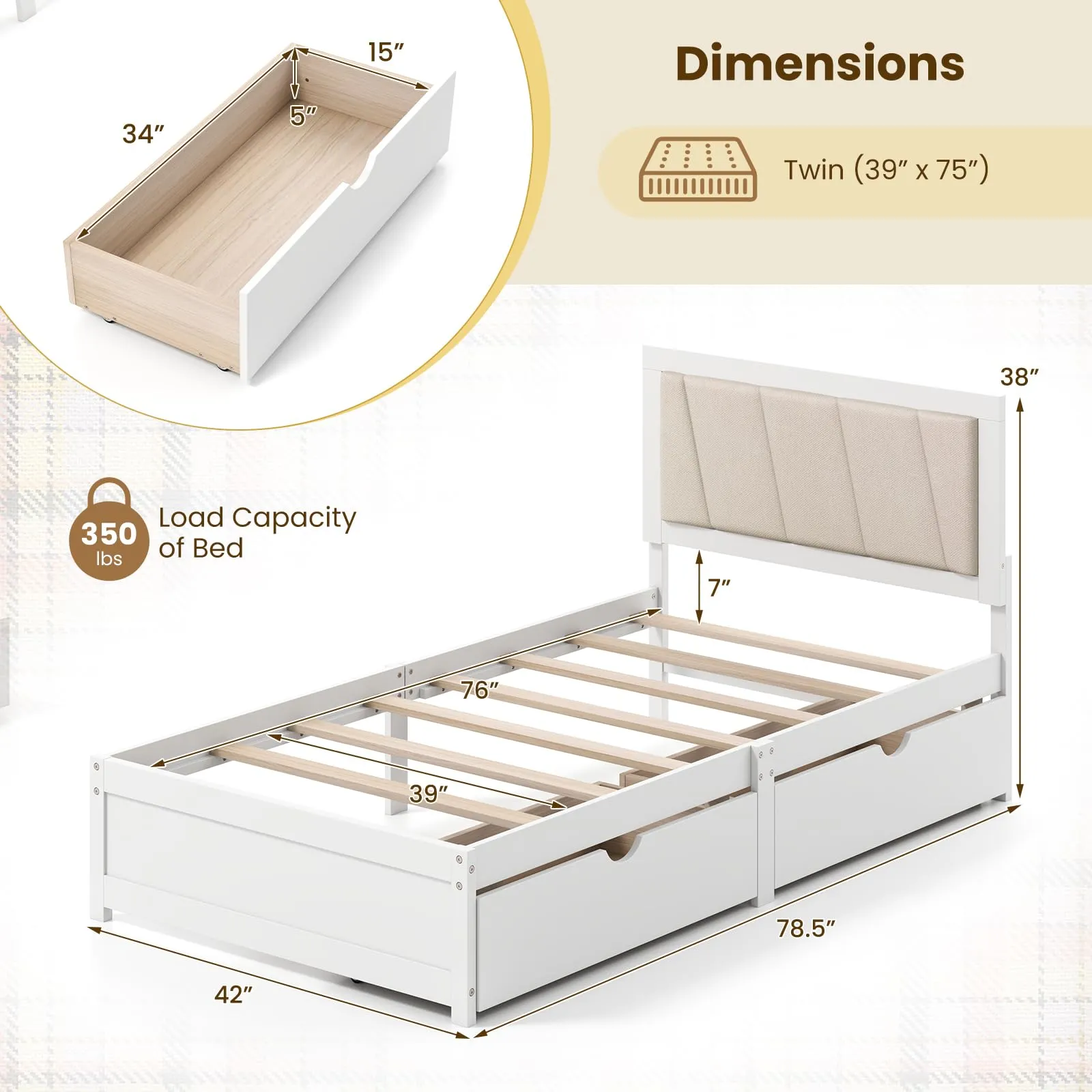 Giantex Wood Twin Bed with 2 Storage Drawers, Solid Wood Platform Bed with Upholstered Headboard