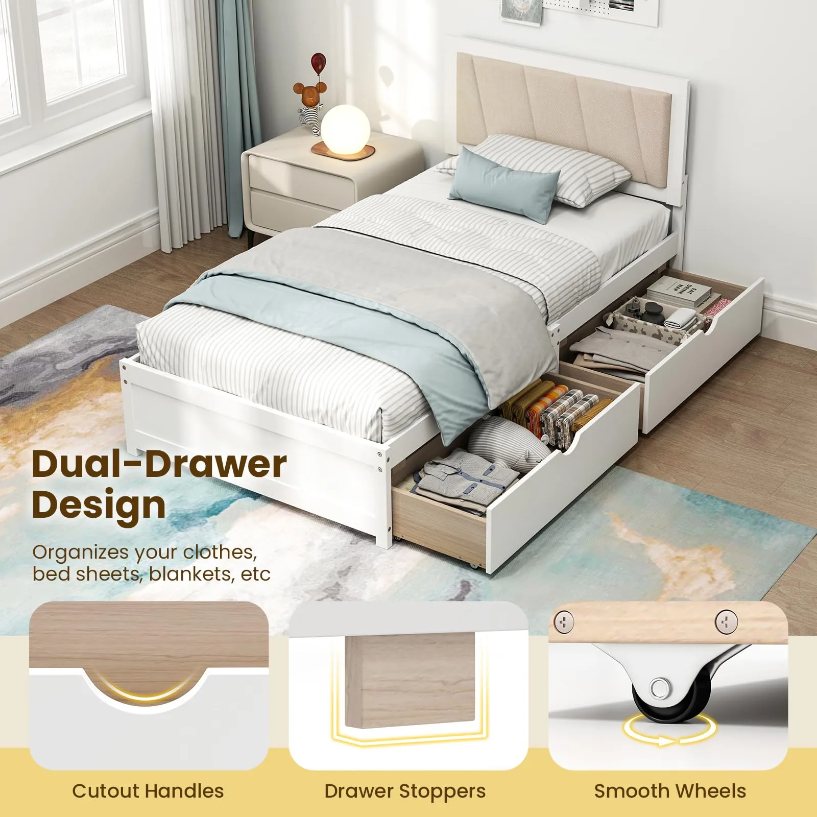 Giantex Wood Twin Bed with 2 Storage Drawers, Solid Wood Platform Bed with Upholstered Headboard