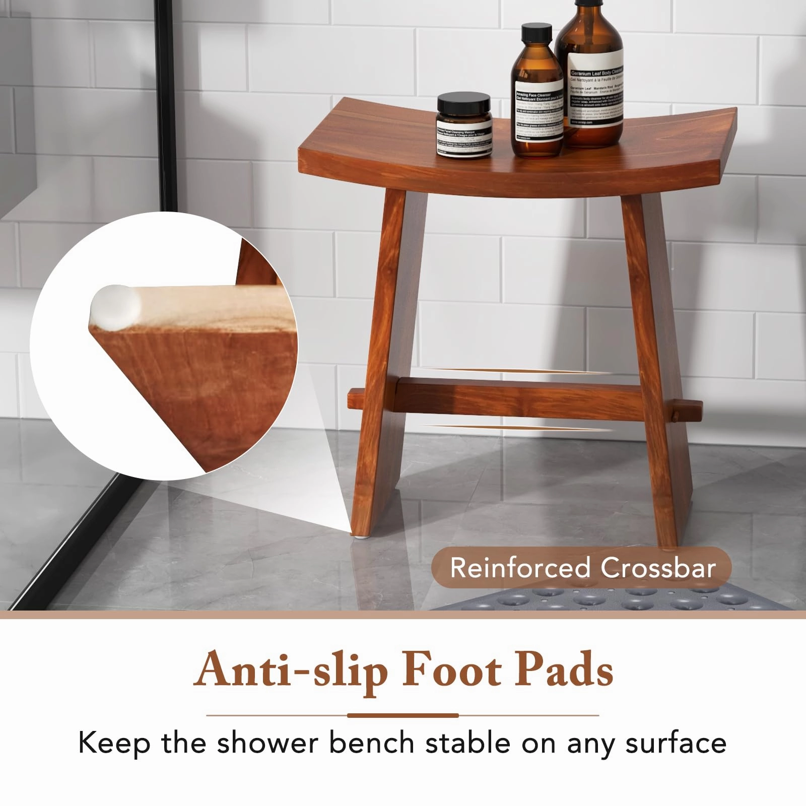 Giantex 20 Inch Teak Shower Bench Waterproof, Small Wood Shower Chair Seat w/Curved Seat
