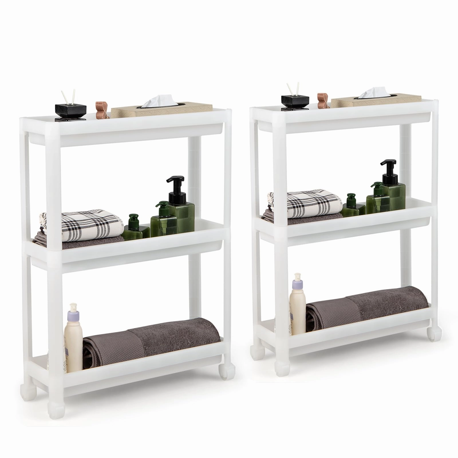 Giantex 2 Pack 3 Tier Slim Rolling Storage Cart with Wheels, Detachable Utility Cart with Drainage Holes bathroom storage cabinet, over toilet storage