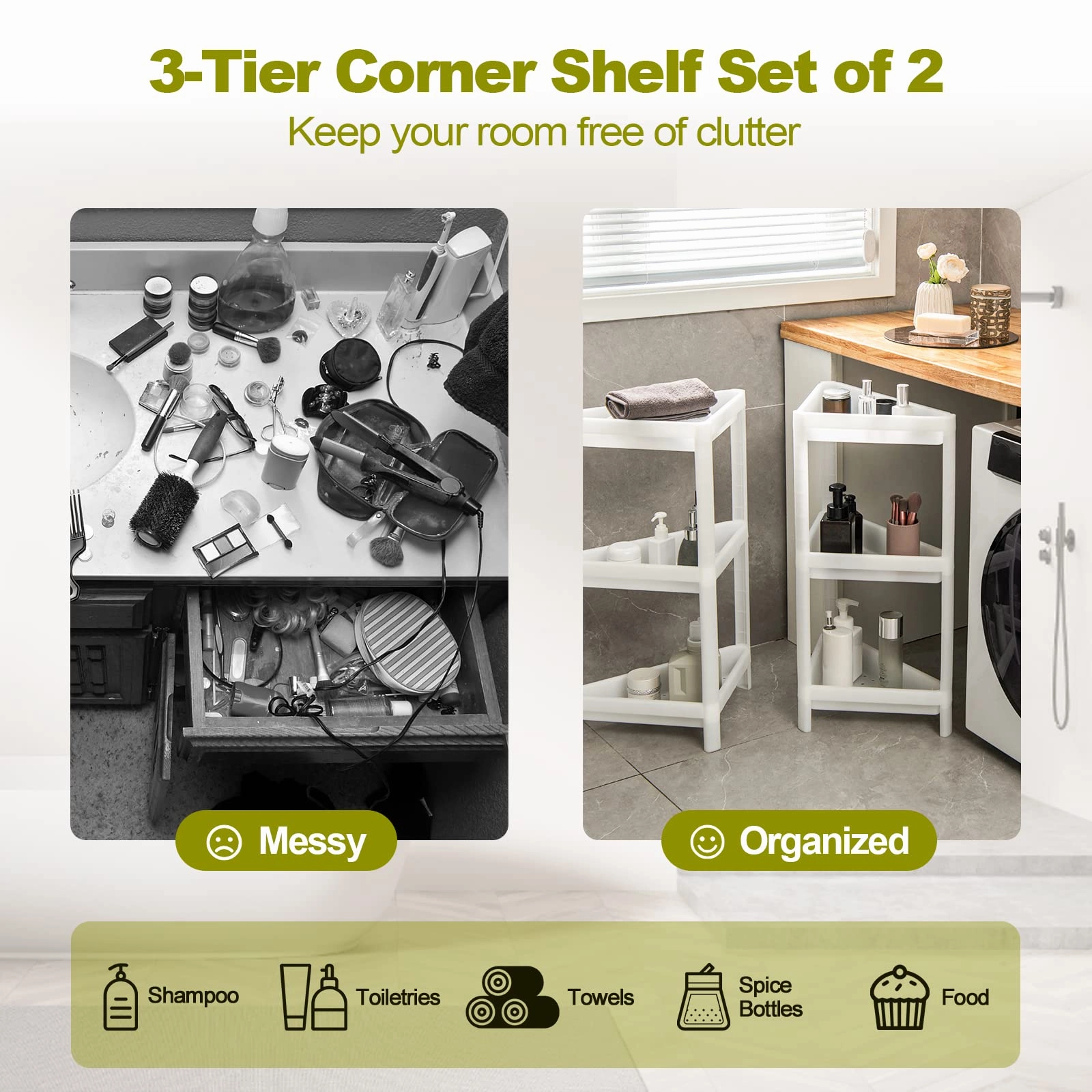 Giantex 2 Pack Corner Shelf Stand, 3-Tier Detachable Floor Corner Shower Shelf, Bathroom Corner Stand