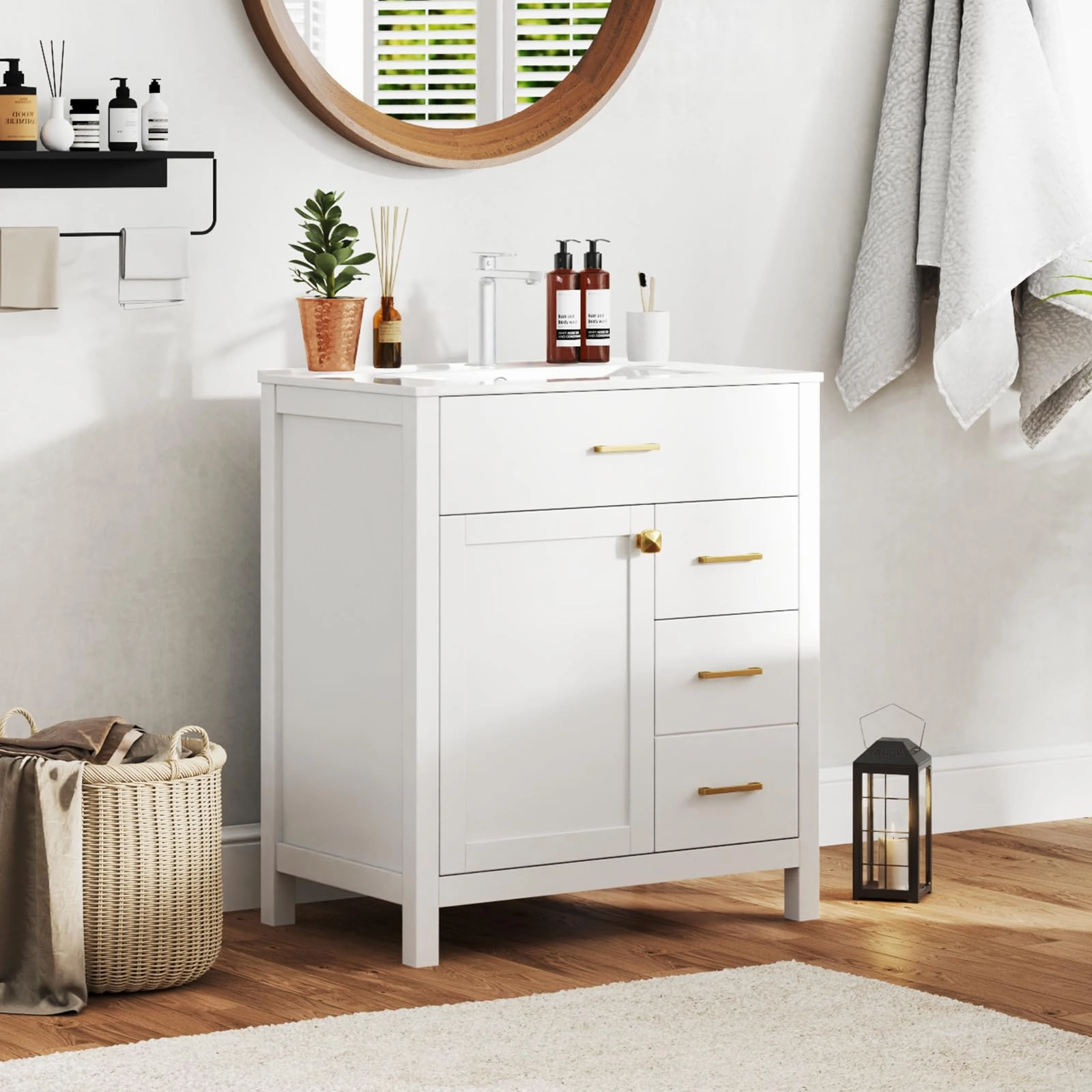 Giantex 30 Bathroom Vanity with Sink, Ceramic Basin Combo with 2 Drawers, 1 Door, 1 Flip-Out Drawer