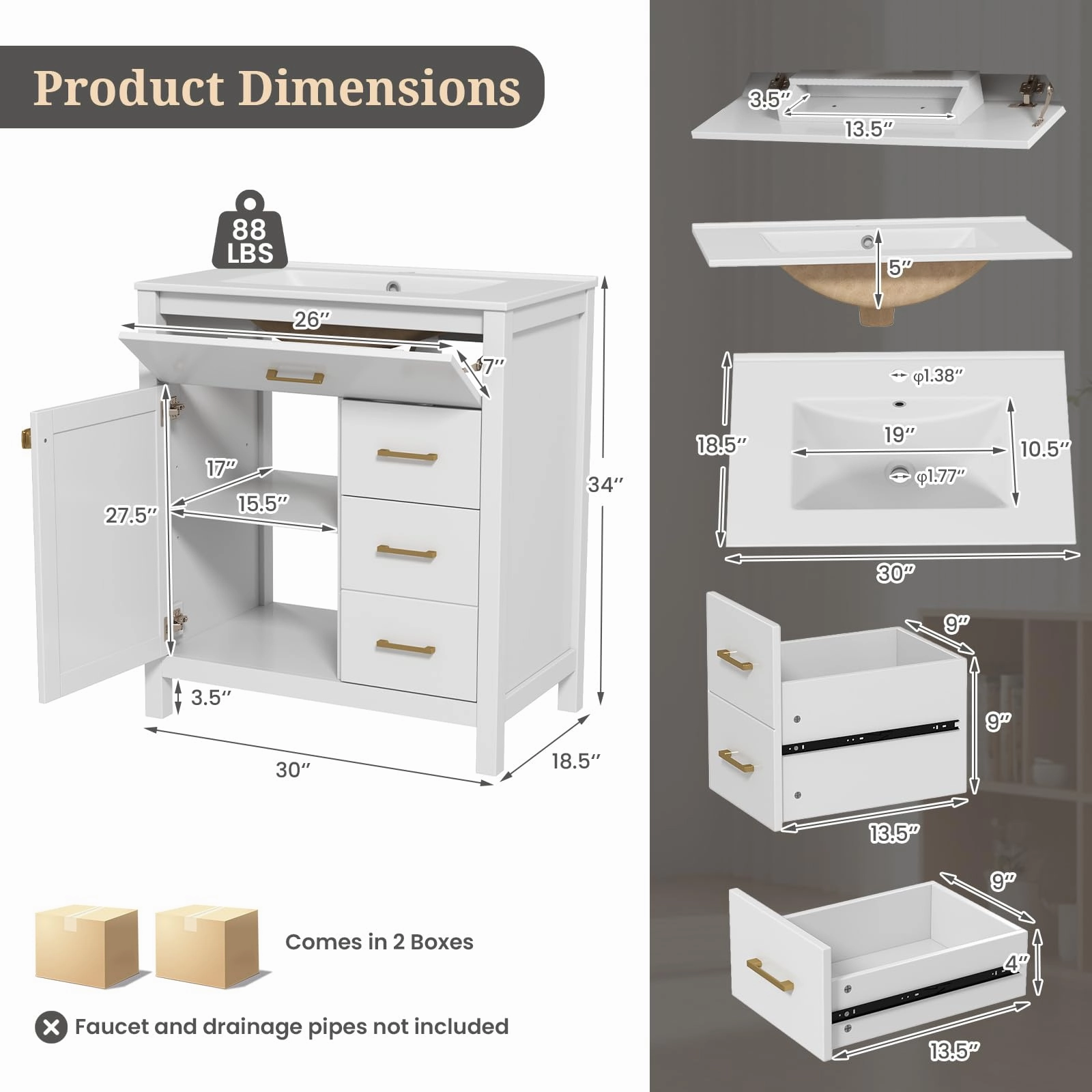 Giantex 30 Bathroom Vanity with Sink, Ceramic Basin Combo with 2 Drawers, 1 Door, 1 Flip-Out Drawer