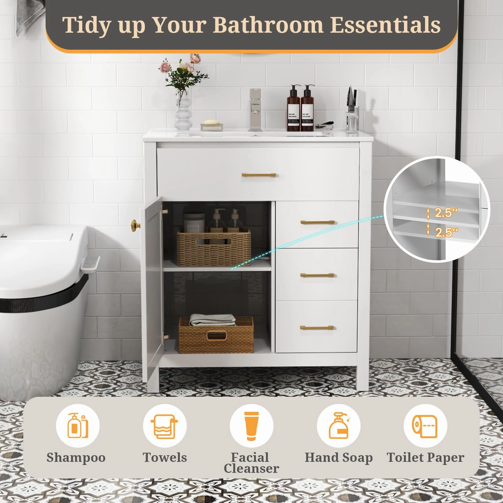Giantex 30 Bathroom Vanity with Sink, Ceramic Basin Combo with 2 Drawers, 1 Door, 1 Flip-Out Drawer