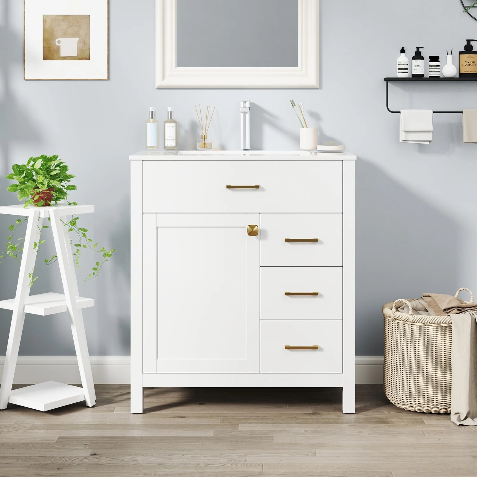 Giantex 30 Bathroom Vanity with Sink, Ceramic Basin Combo with 2 Drawers, 1 Door, 1 Flip-Out Drawer