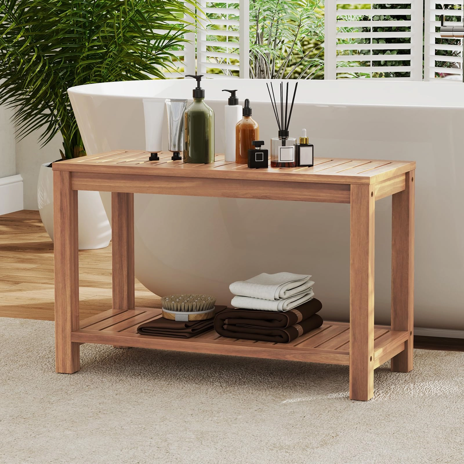 Giantex 30 Inch Teak Shower Bench with Shelf