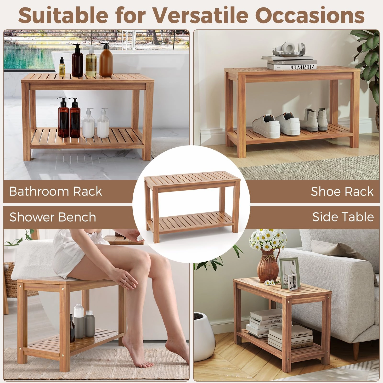 Giantex 30 Inch Teak Shower Bench with Shelf