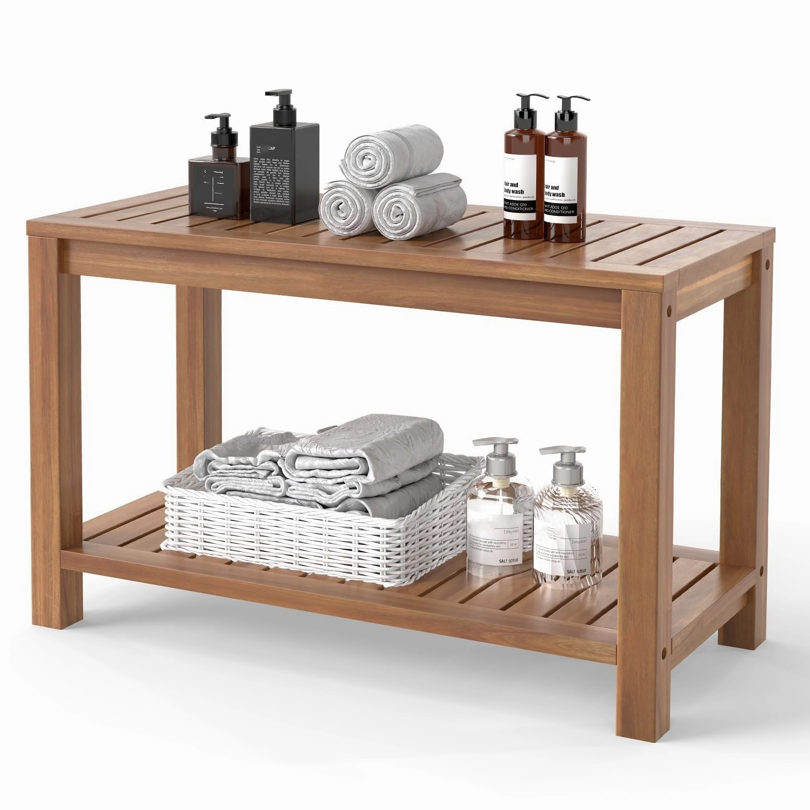 Giantex 30 Inch Teak Shower Bench with Shelf bench seat, tufted bench