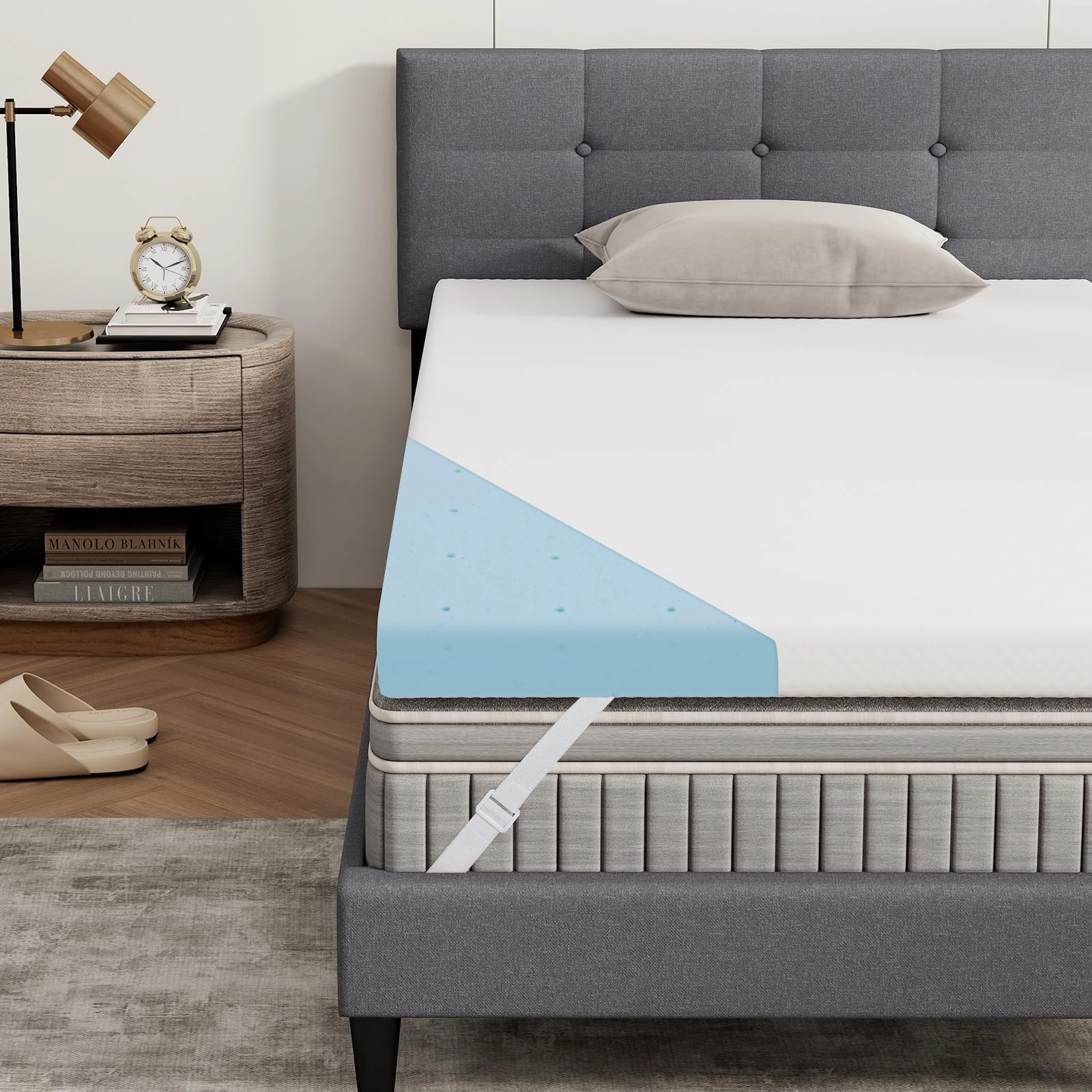 Giantex 3 Inch Twin Memory Foam Mattress Topper, Cooling Gel Infused Topper with Removable Cover nightstand, bedside table