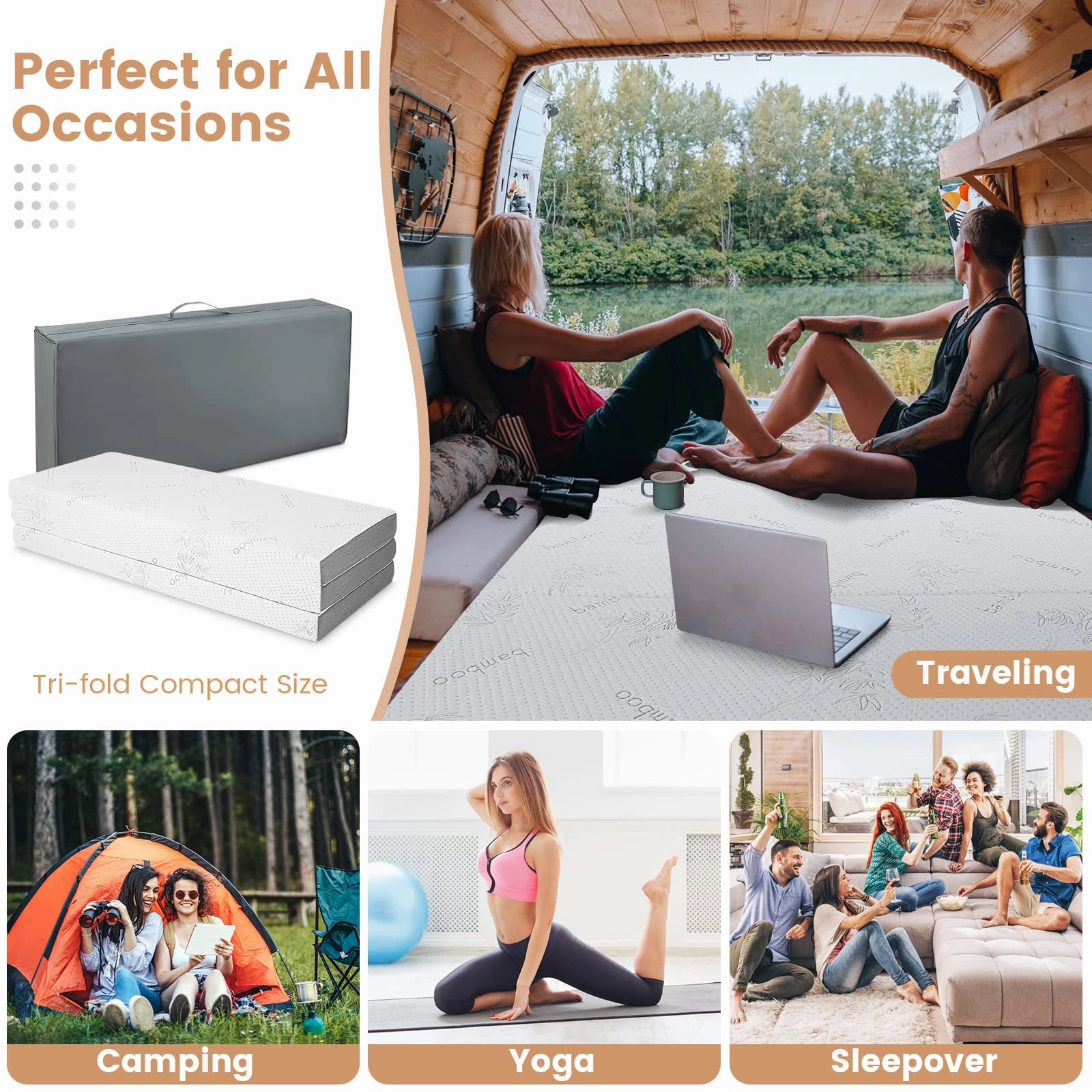 Giantex 4 Inch Tri Folding Mattress,CertiPUR-US Gel-Infused Memory Foam with Bamboo Cover Carry Bag