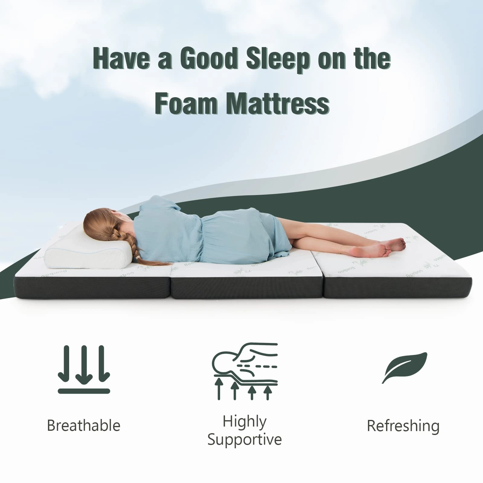 Giantex 4-Inch Tri Folding Mattress, Foam Mattress Topper with Bamboo Fiber Cover (Cot)