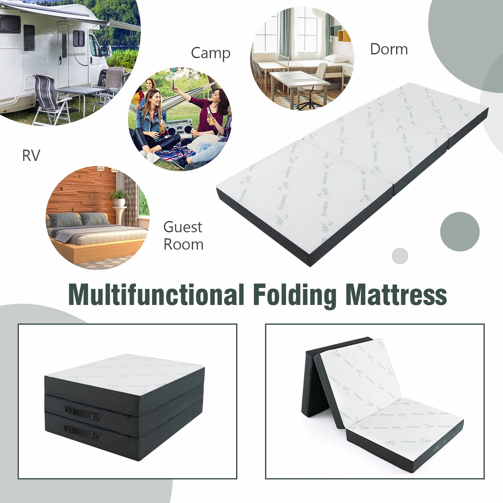 Giantex 4-Inch Tri Folding Mattress, Foam Mattress Topper with Bamboo Fiber Cover (Cot)