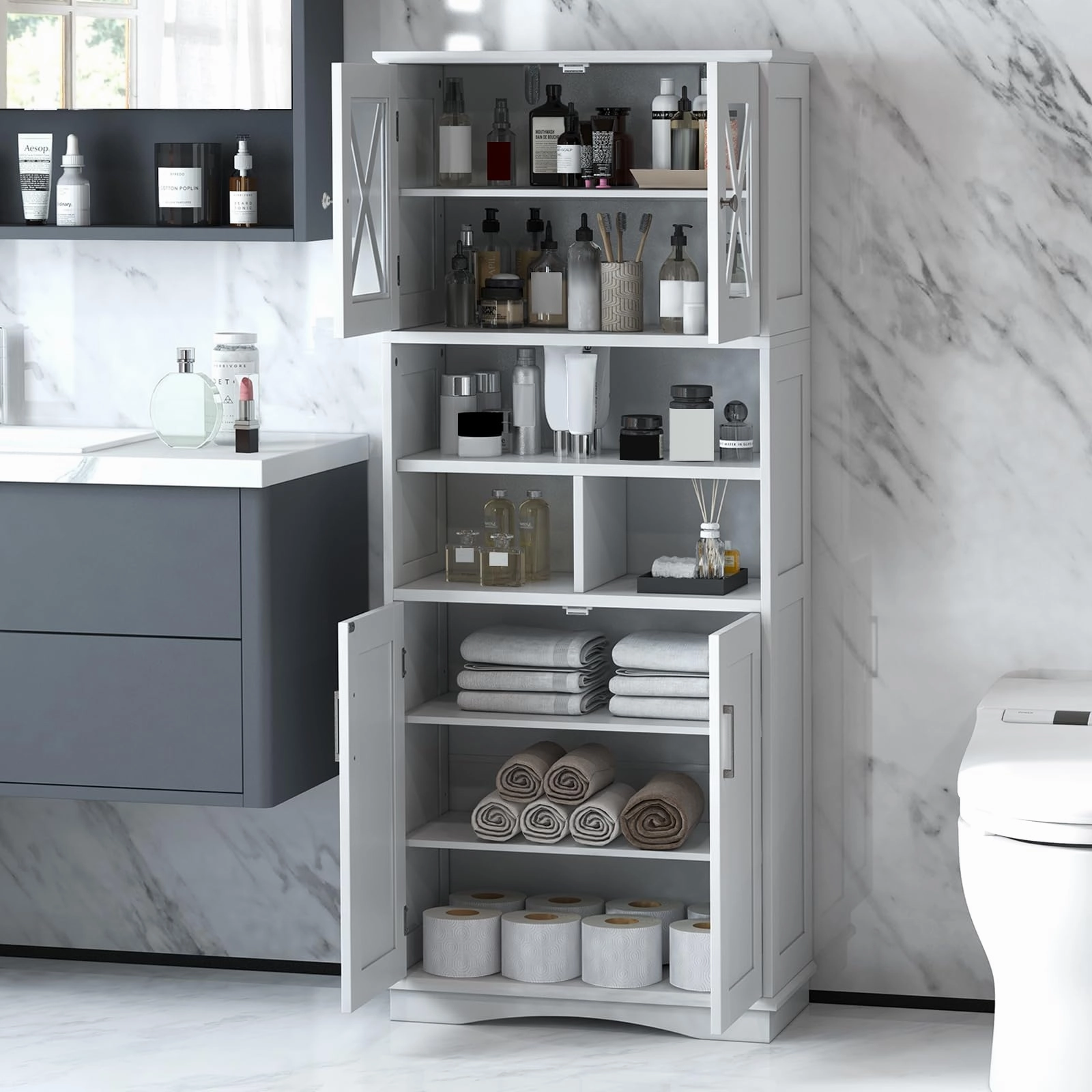 Giantex 57" Tall Bathroom Cabinet, Storage Cabinet with Acrylic Doors & Adjustable Shelves