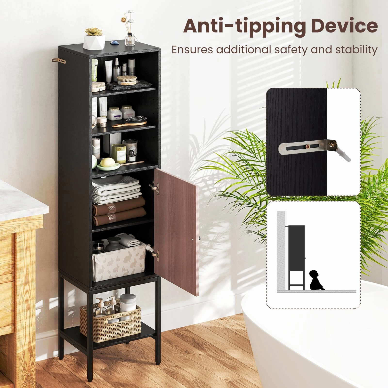 Giantex 57 Tall Bathroom Storage Cabinet, Bathroom Floor Cabinet with Door, Adjustable Shelves & Foot Pads