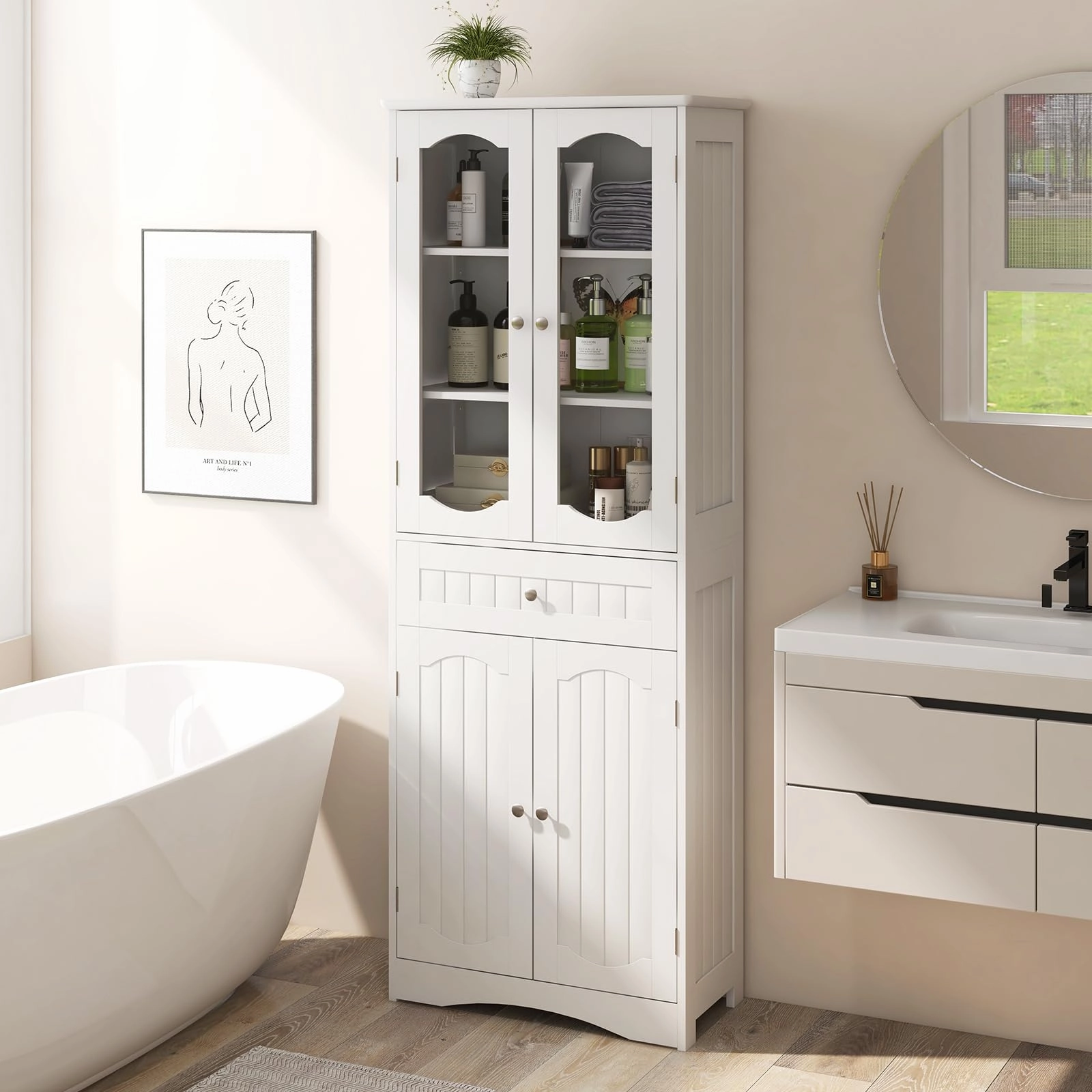 Giantex 63" Tall Bathroom Cabinet, Pantry Cabinet with Tempered Glass Doors, Adjustable Shelves & Large Drawer