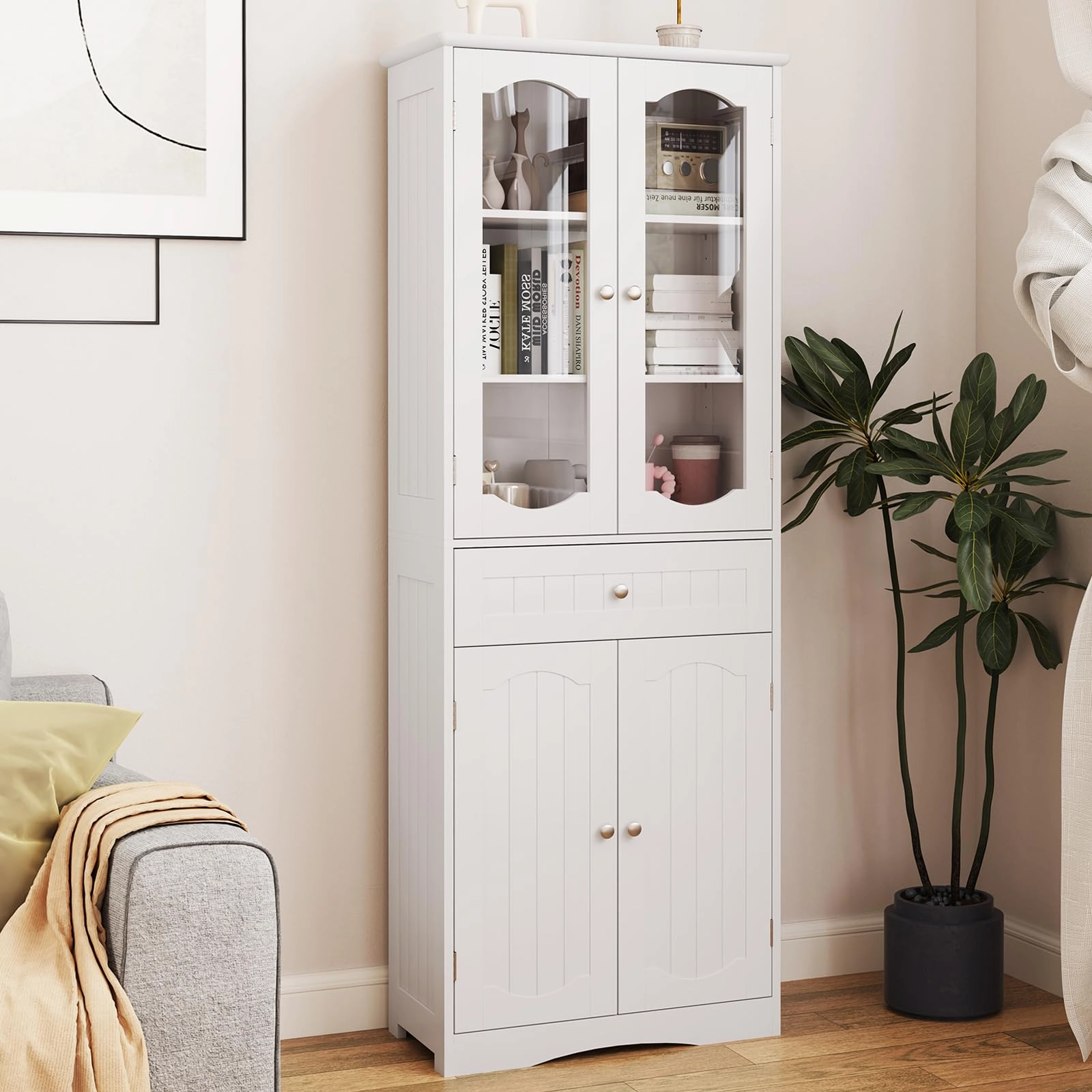 Giantex 63" Tall Bathroom Cabinet, Pantry Cabinet with Tempered Glass Doors, Adjustable Shelves & Large Drawer