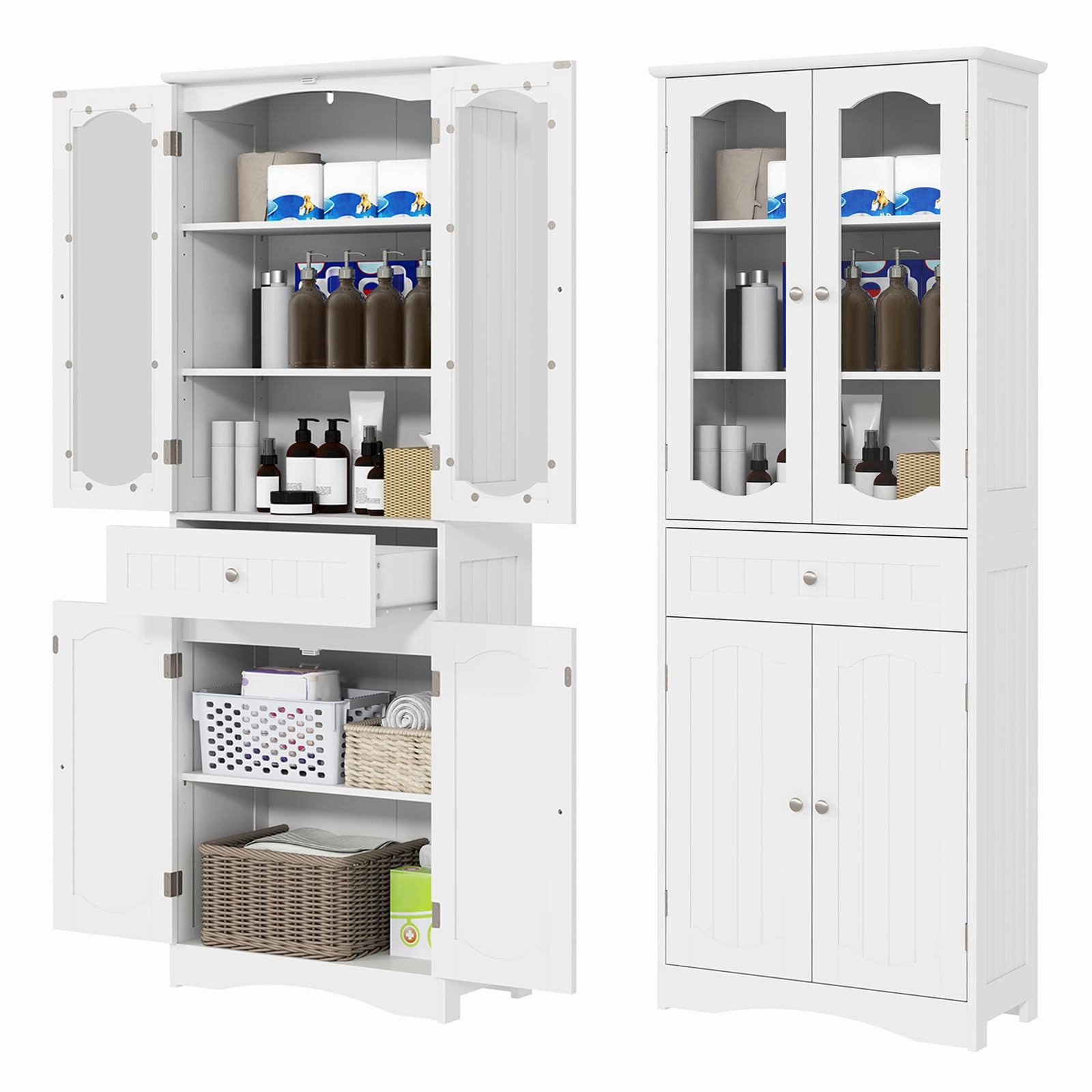 Giantex 63" Tall Bathroom Cabinet, Pantry Cabinet with Tempered Glass Doors, Adjustable Shelves & Large Drawer bathroom storage cabinet, over toilet storage