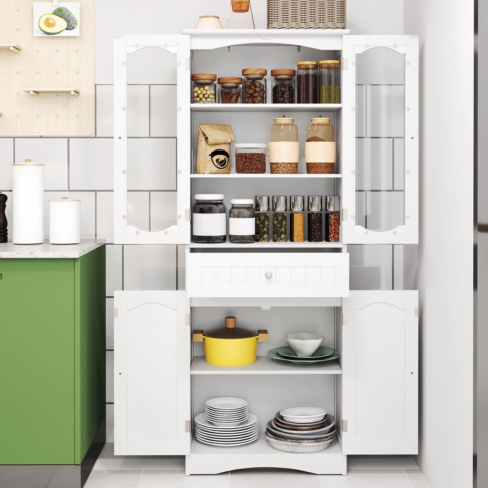 Giantex 63" Tall Bathroom Cabinet, Pantry Cabinet with Tempered Glass Doors, Adjustable Shelves & Large Drawer