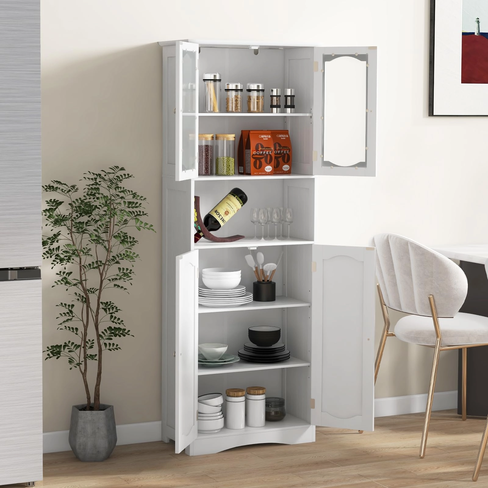 Giantex 64.5" Tall Bathroom Cabinet, Pantry Cabinet with Tempered Glass Doors, Adjustable Shelves