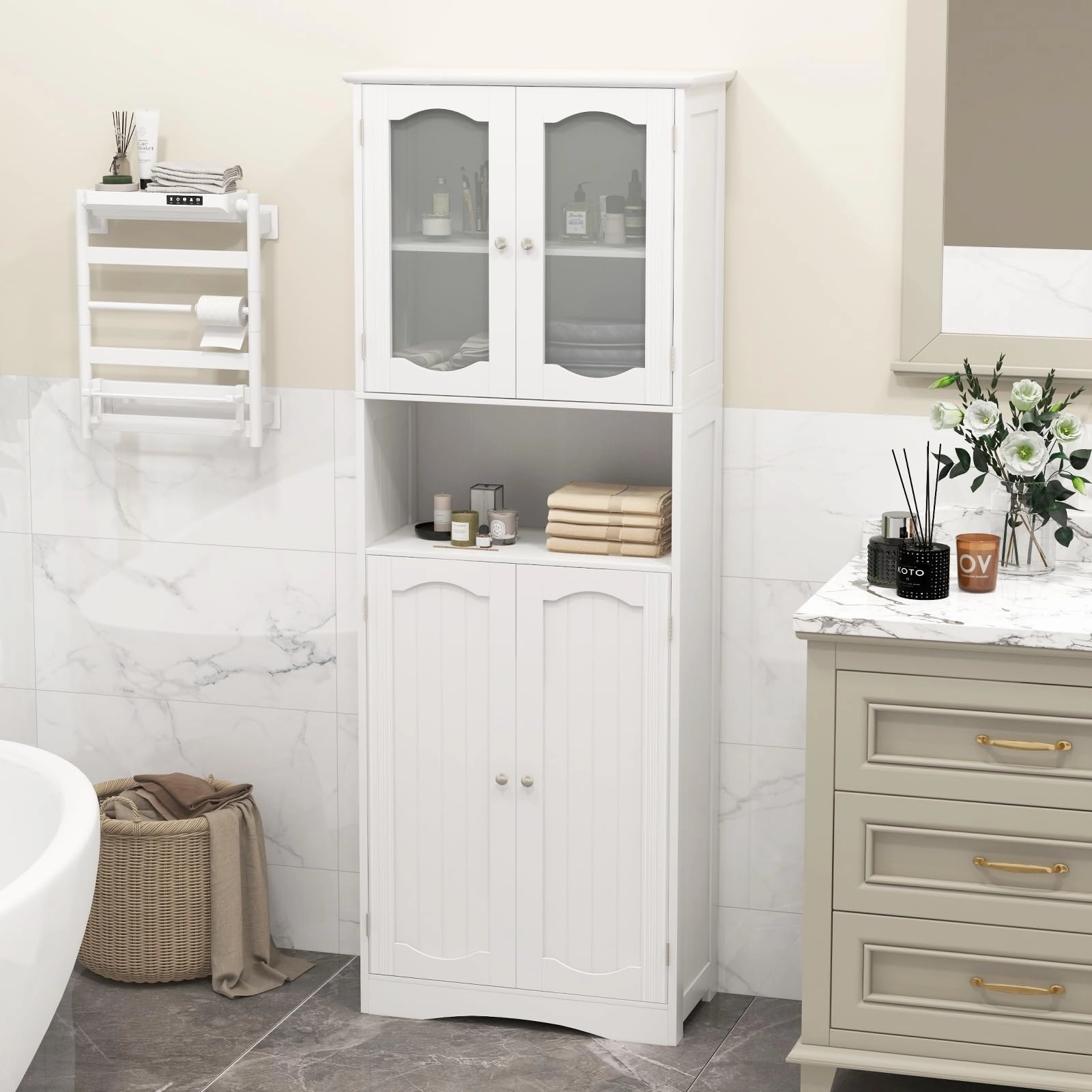 Giantex 64.5" Tall Bathroom Cabinet, Pantry Cabinet with Tempered Glass Doors, Adjustable Shelves