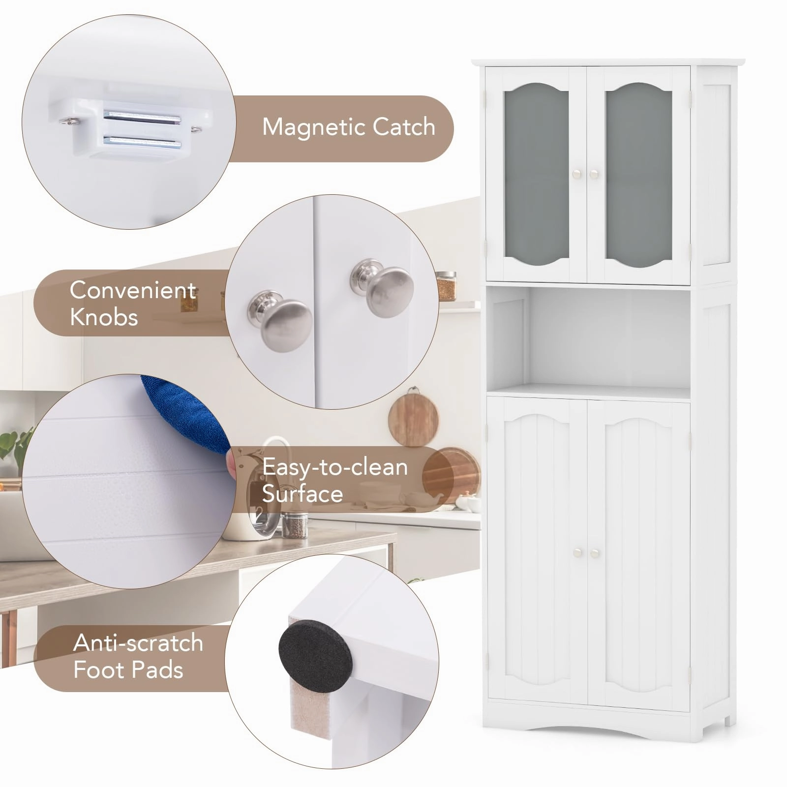 Giantex 64.5" Tall Bathroom Cabinet, Pantry Cabinet with Tempered Glass Doors, Adjustable Shelves