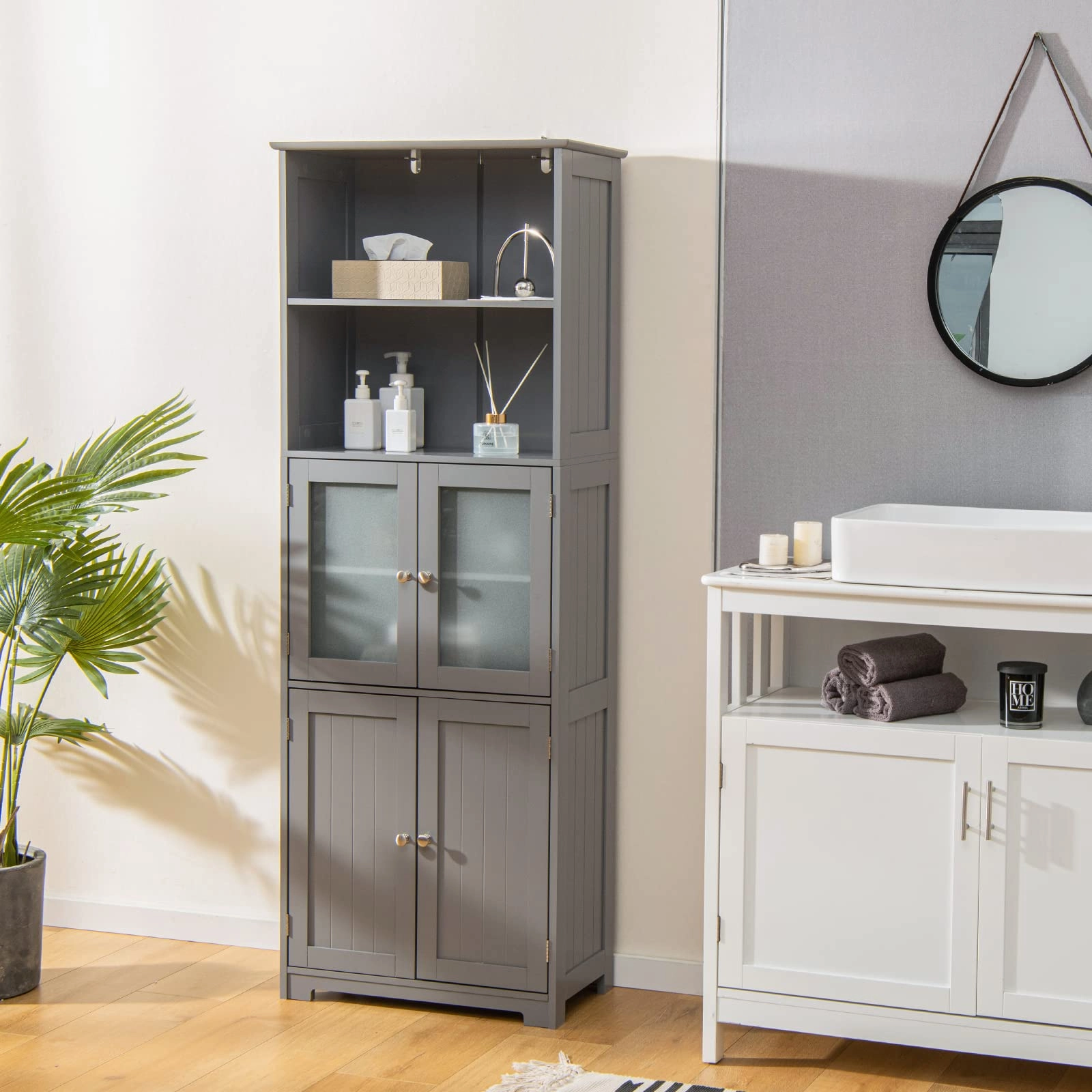 Giantex 64" Tall Bathroom Storage Cabinet, Freestanding Kitchen Pantry Cupboard with 2 Cabinets