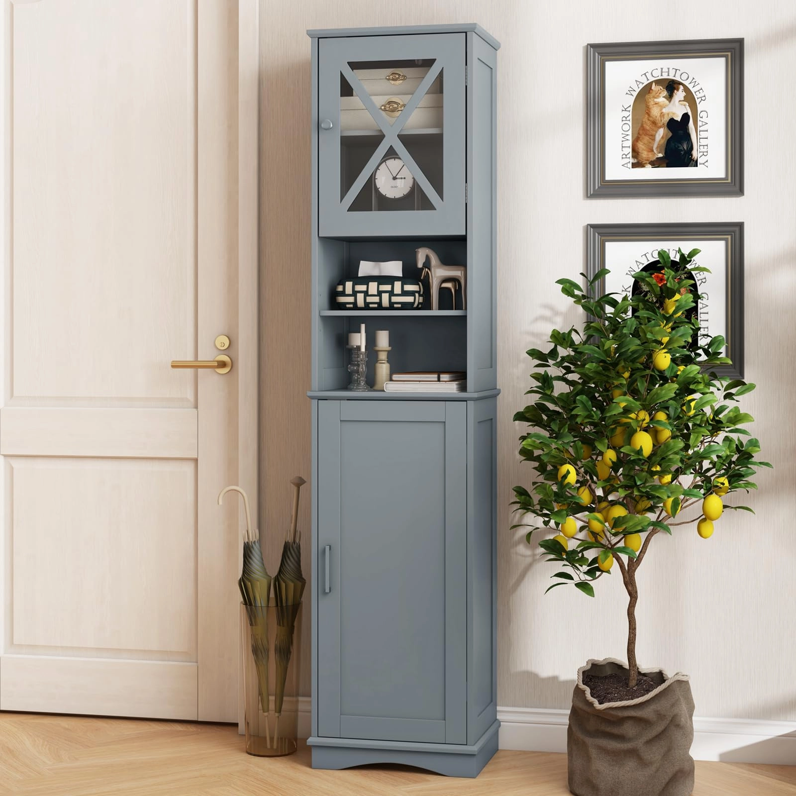 Giantex 67" Tall Storage Cabinet, Bathroom Floor Cabinet with Acrylic Door, Adjustable Shelves